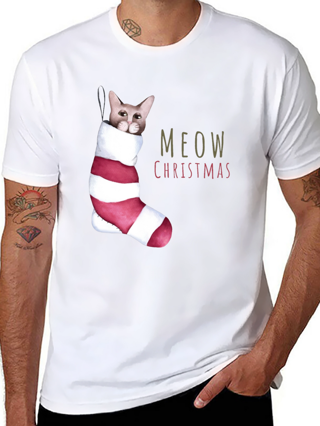 Meow Christmas Cat in Stocking T-Shirt