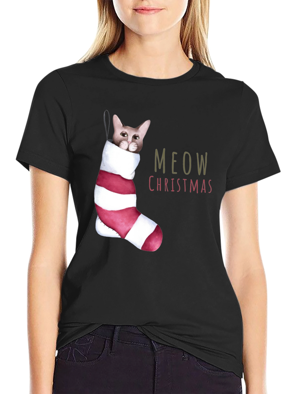 Meow Christmas Cat in Stocking T-Shirt