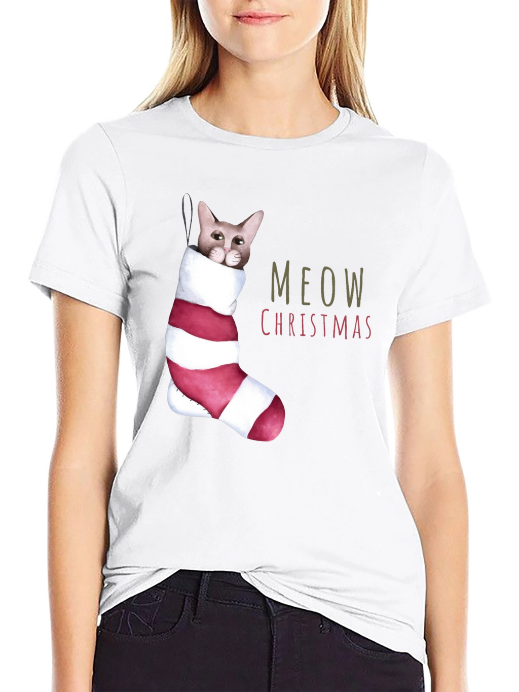 Meow Christmas Cat in Stocking T-Shirt
