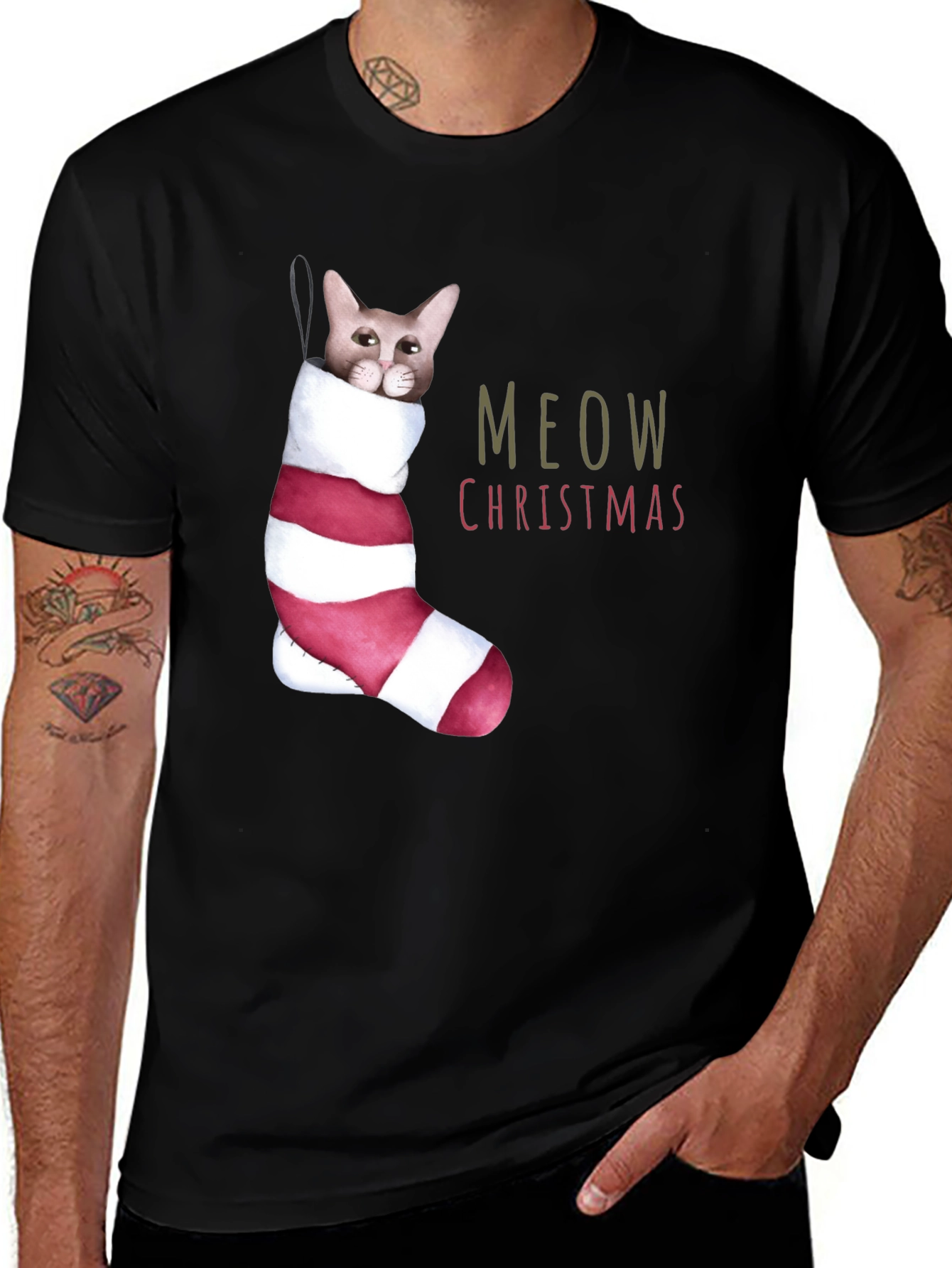 Meow Christmas Cat in Stocking T-Shirt