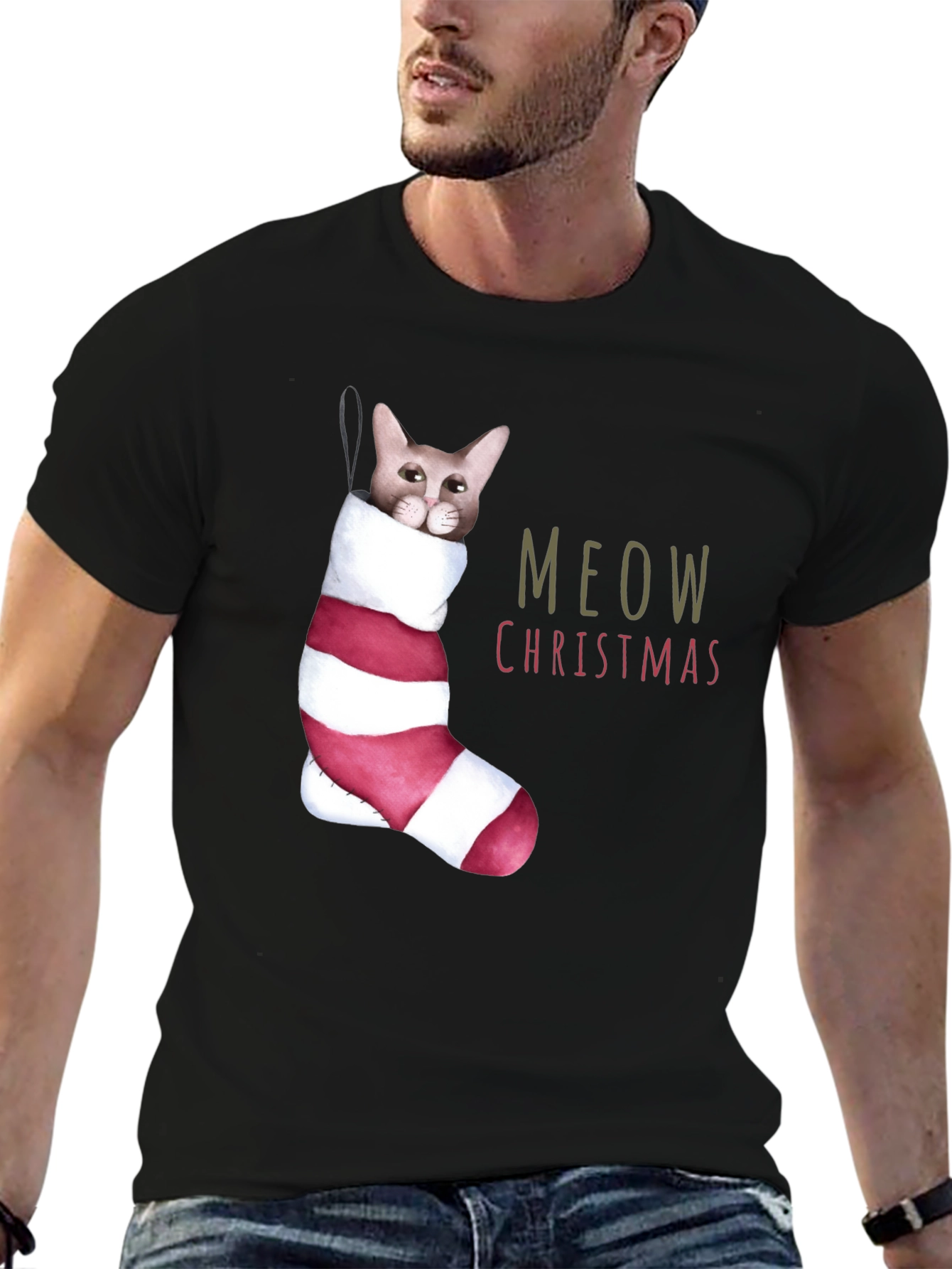Meow Christmas Cat in Stocking T-Shirt