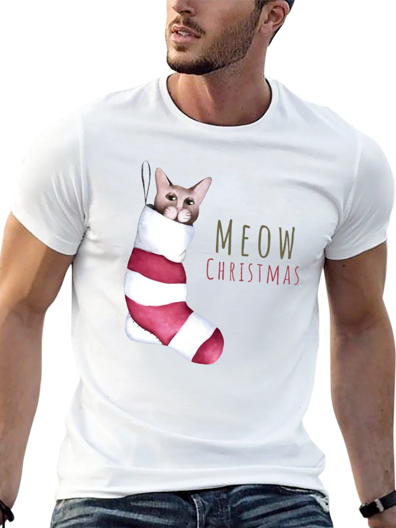 Meow Christmas Cat in Stocking T-Shirt