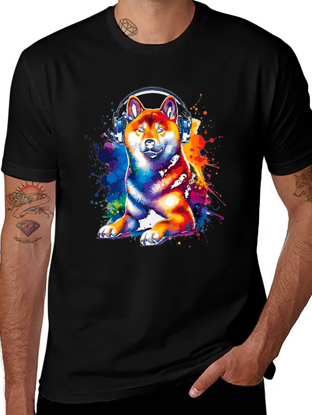 Dog with Headphones Graphic Tee - Black