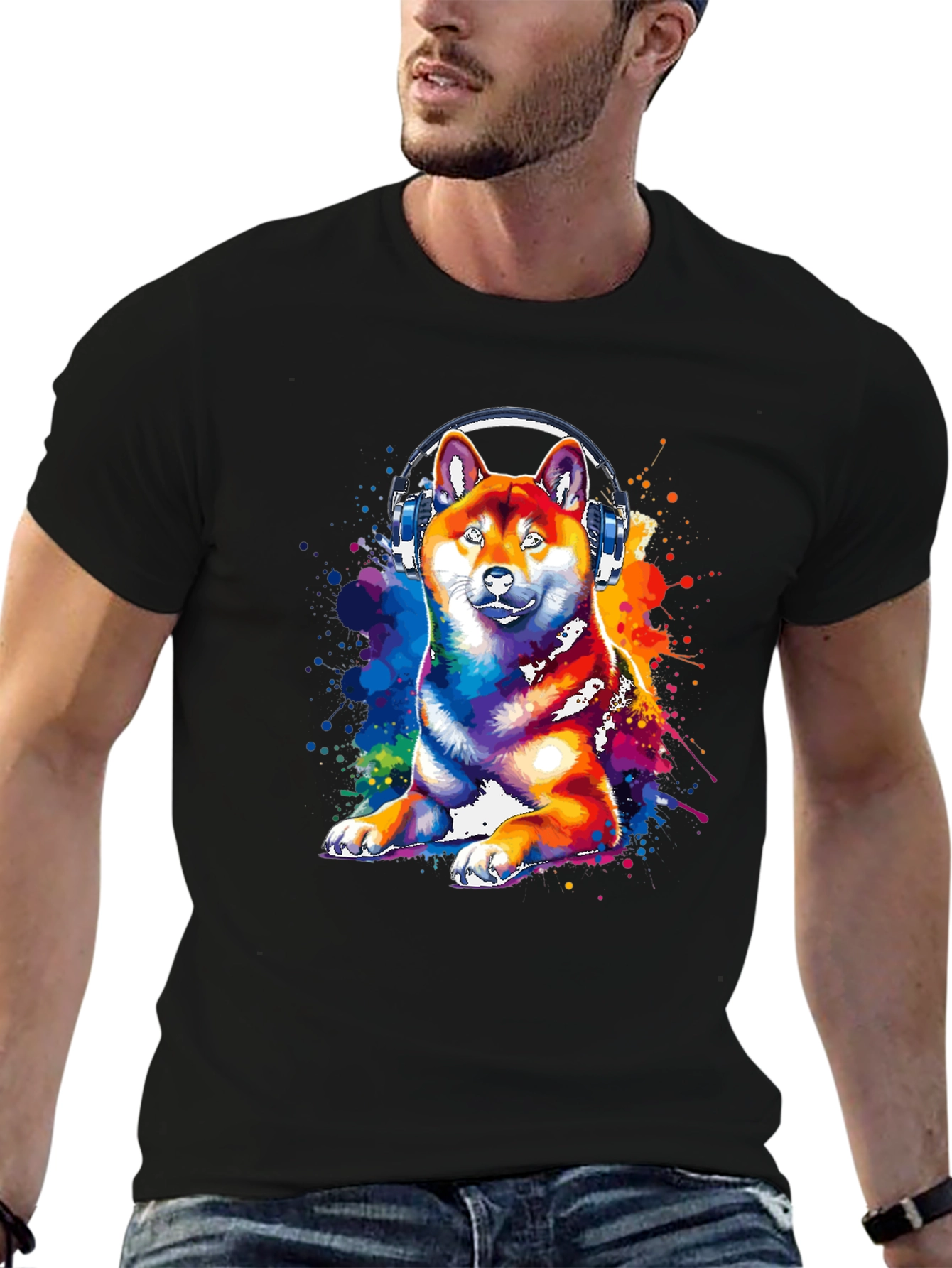 Dog with Headphones Graphic Tee - Black