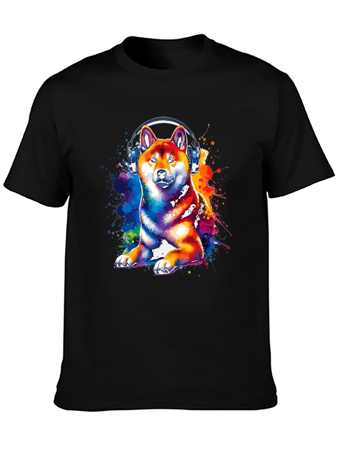 Dog with Headphones Graphic Tee - Black