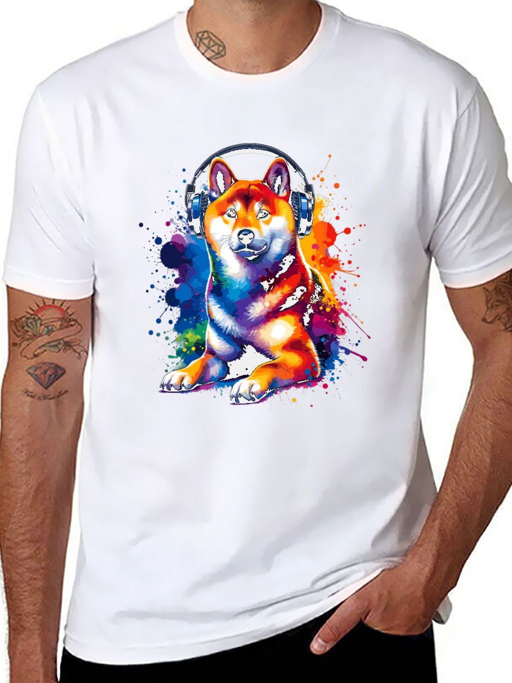 Dog with Headphones Graphic Tee - Black