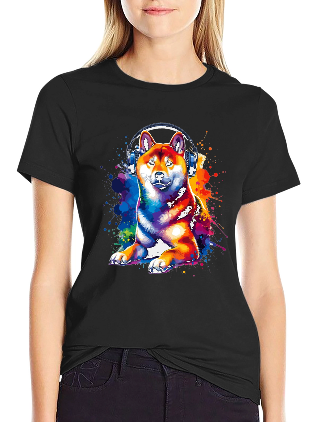 Dog with Headphones Graphic Tee - Black