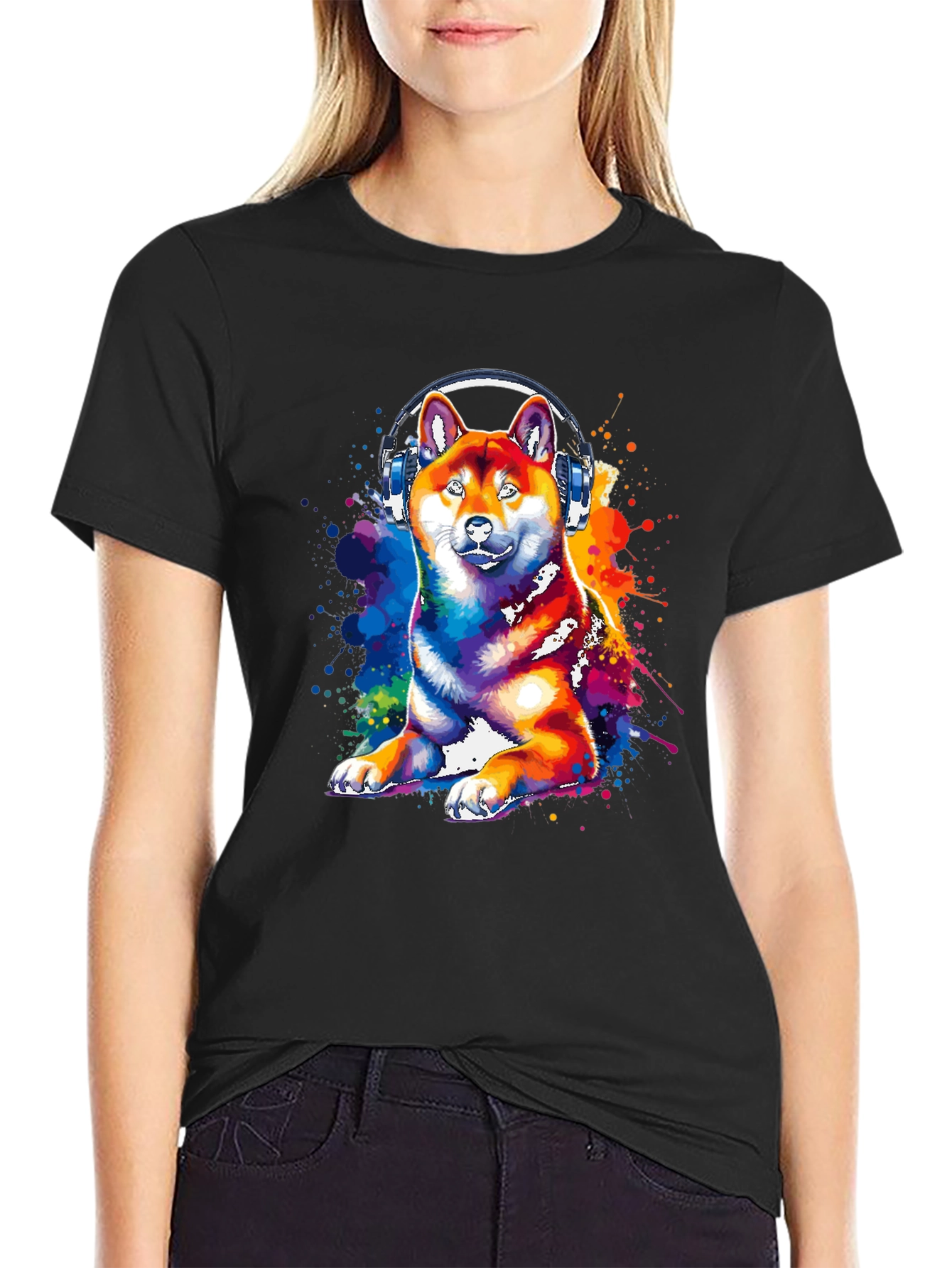 Dog with Headphones Graphic Tee - Black