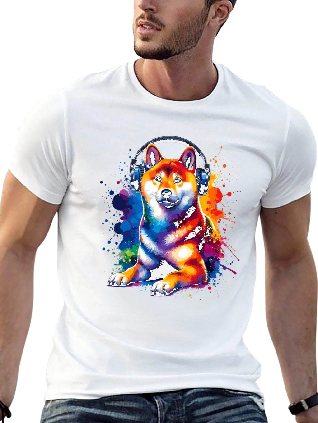 Dog with Headphones Graphic Tee - Black