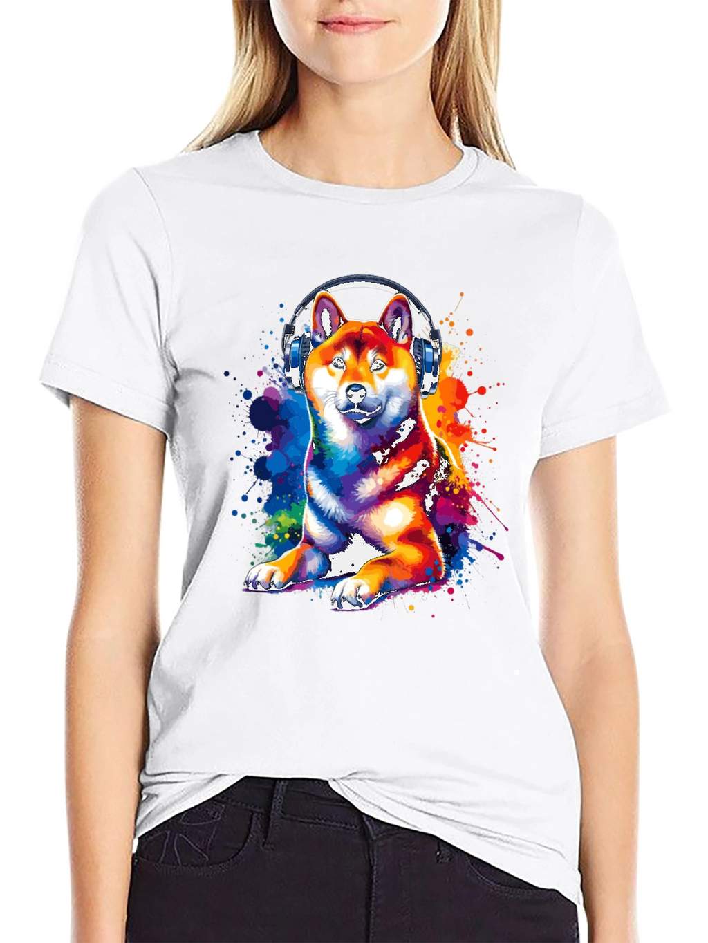 Dog with Headphones Graphic Tee - Black