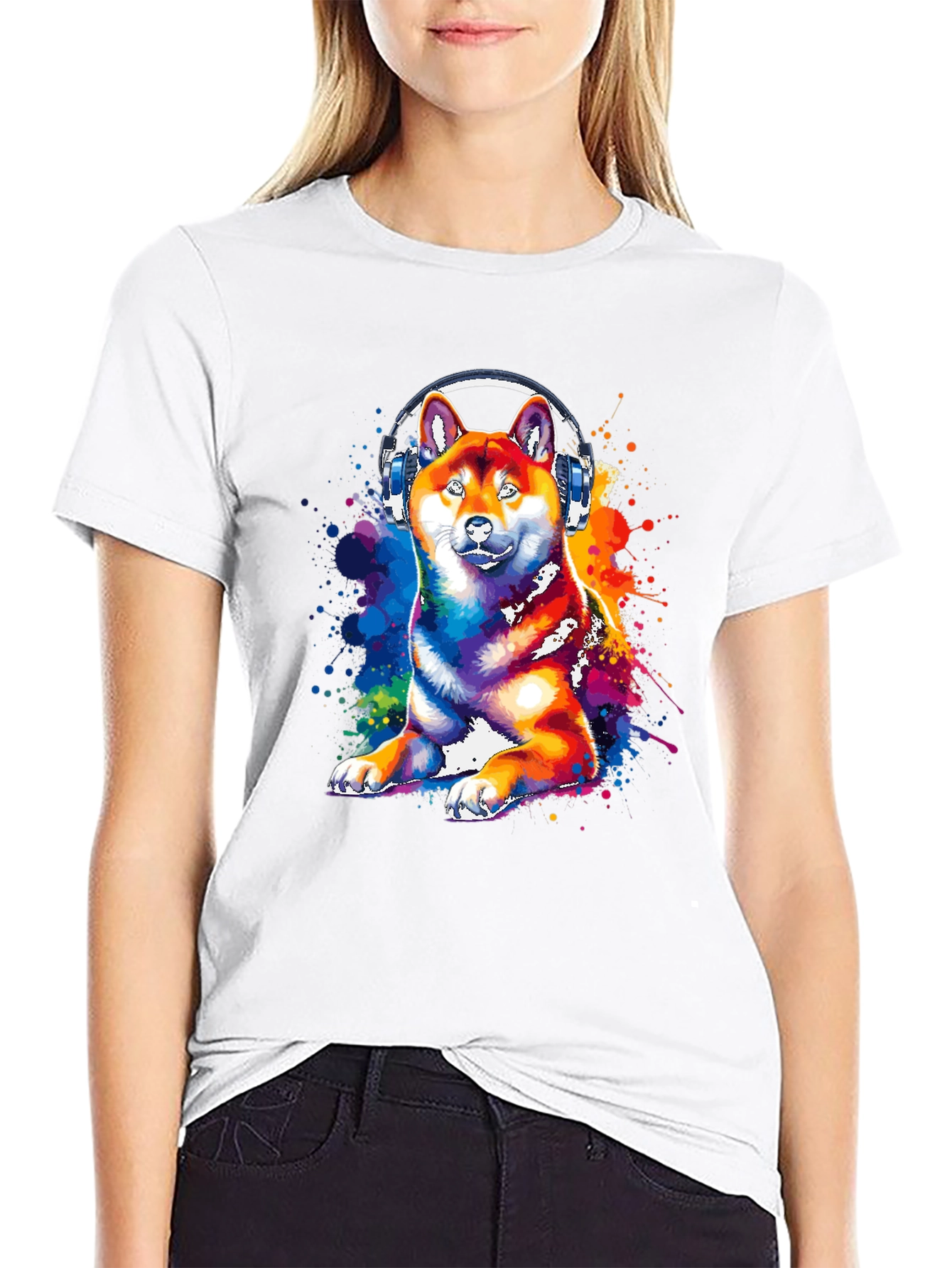 Dog with Headphones Graphic Tee - Black