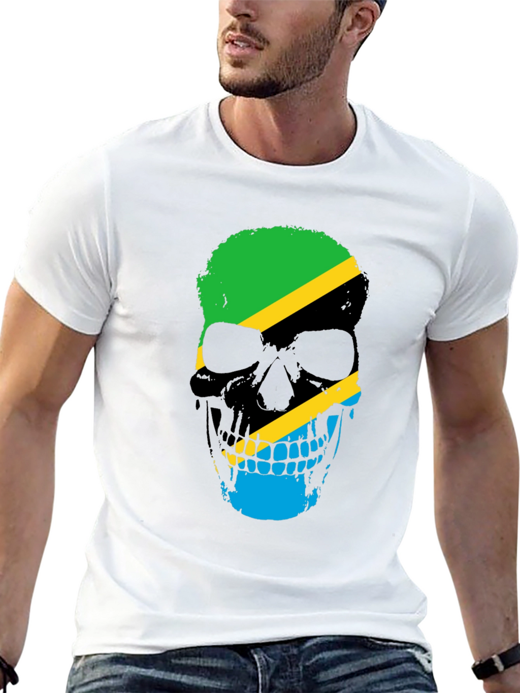 Tanzania Flag Skull Graphic Black T-Shirt