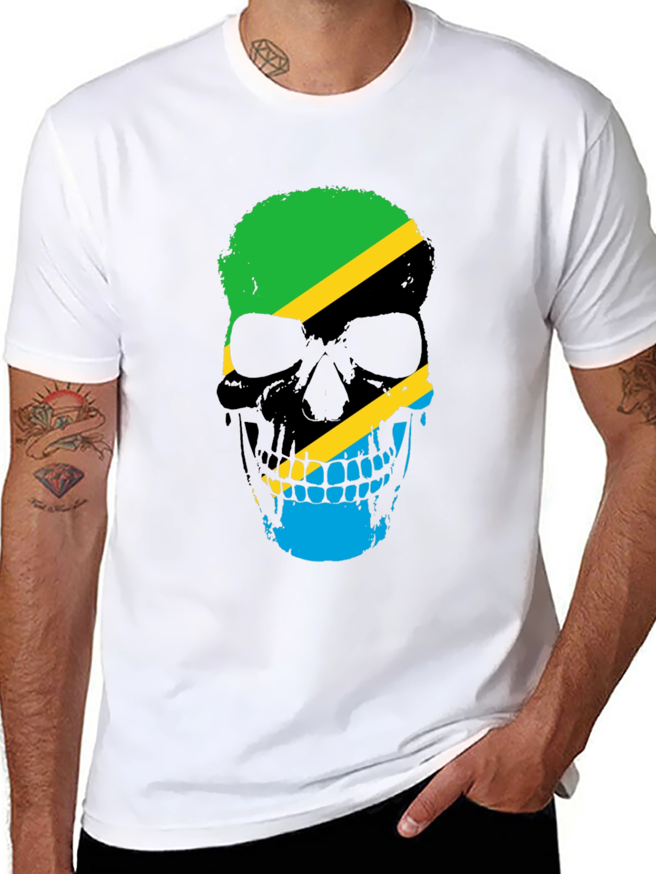 Tanzania Flag Skull Graphic Black T-Shirt