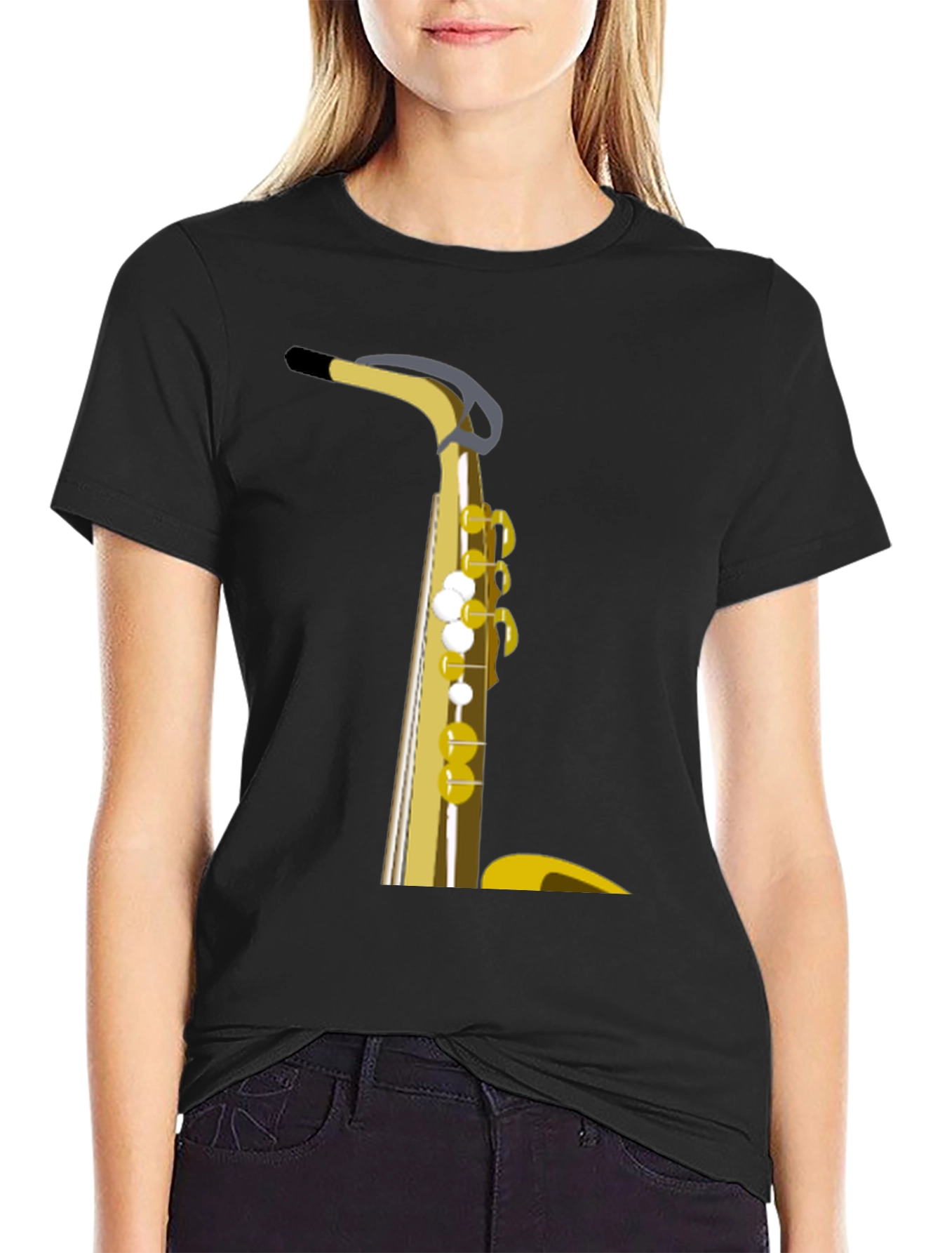 Saxophone Graphic Tee - Black Cotton Casual Wear