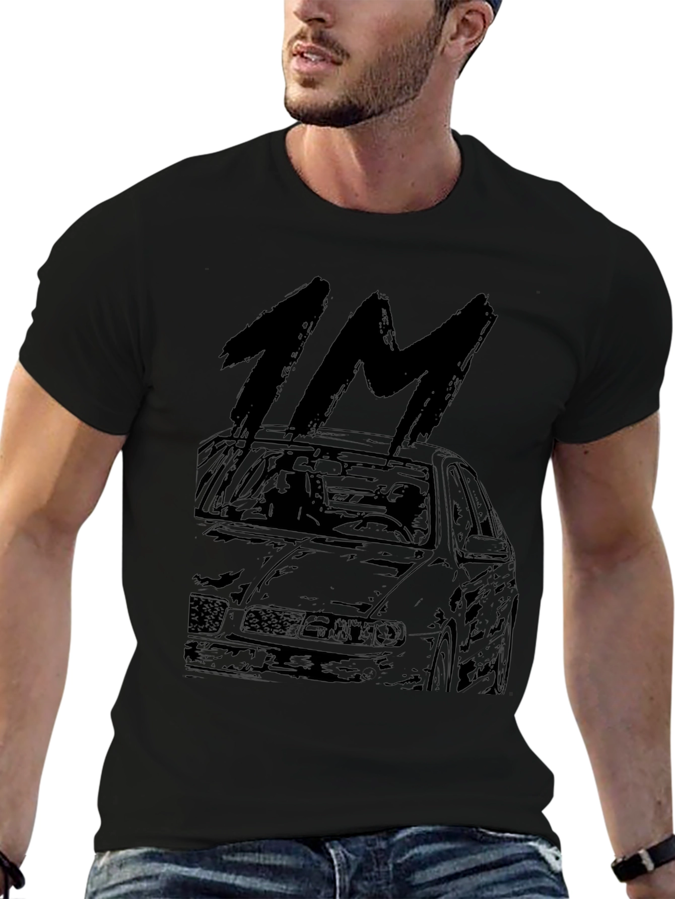 1M Car Graphic Tee - Black Cotton Casual T-Shirt