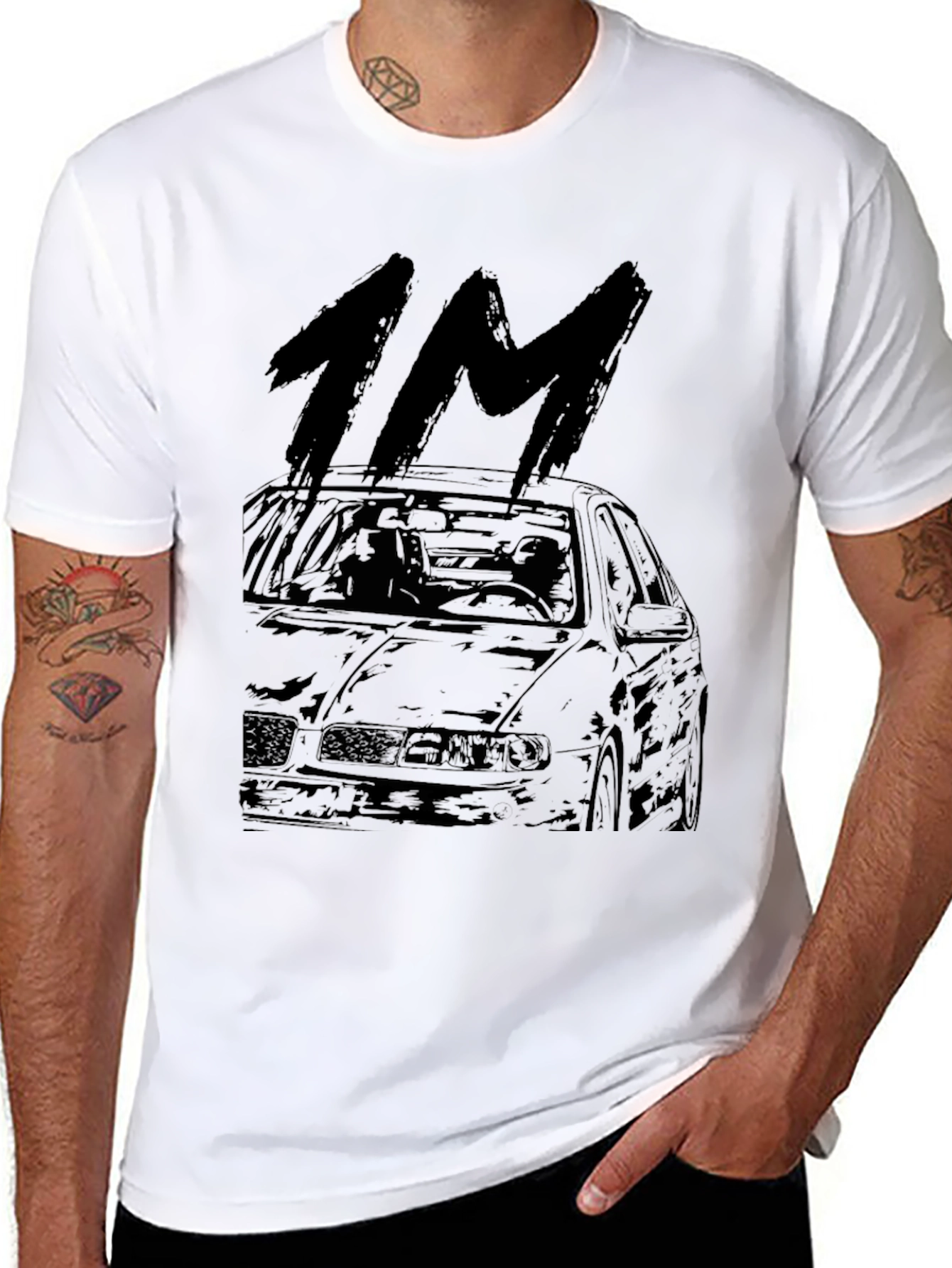 1M Car Graphic Tee - Black Cotton Casual T-Shirt
