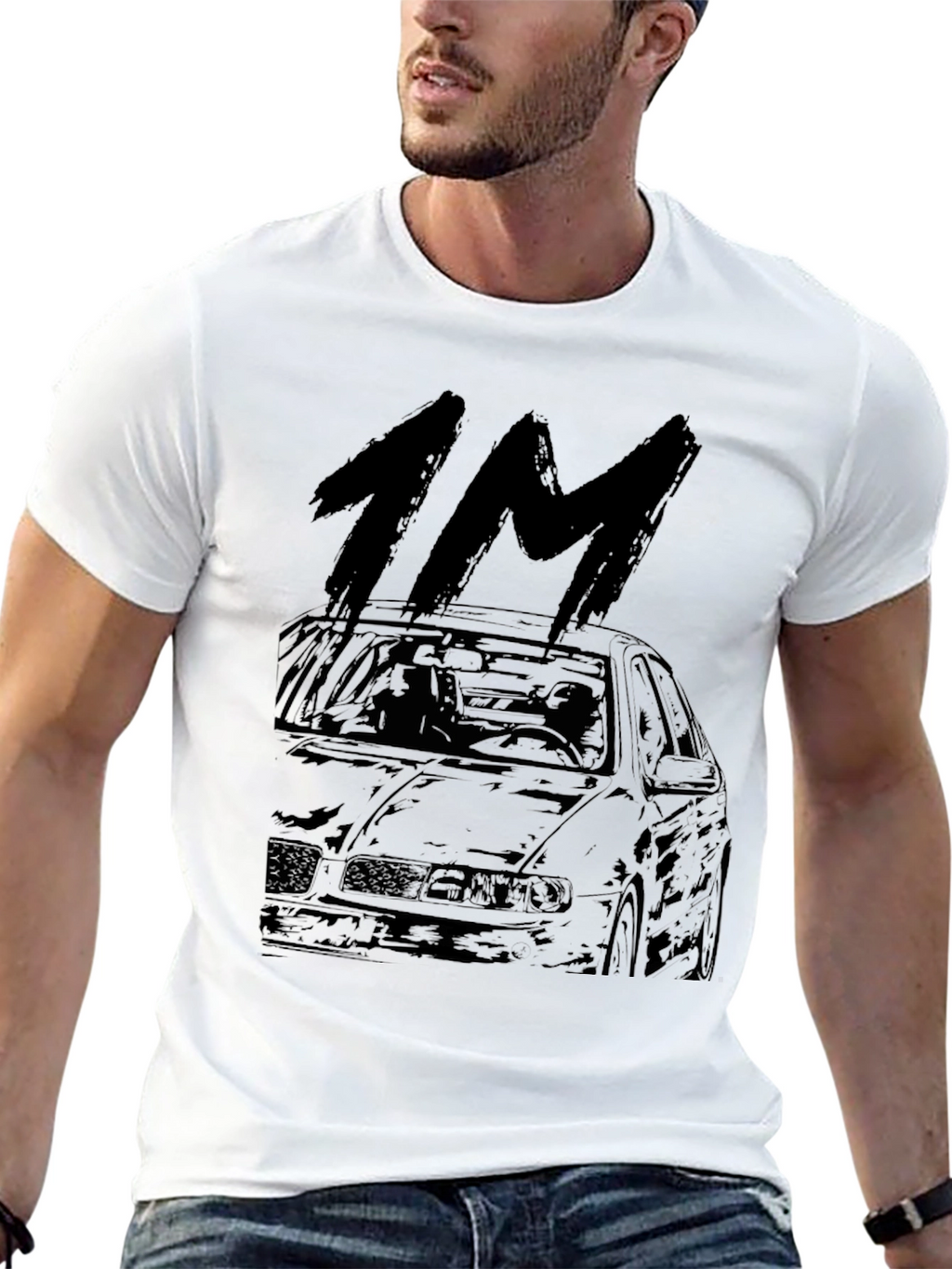 1M Car Graphic Tee - Black Cotton Casual T-Shirt