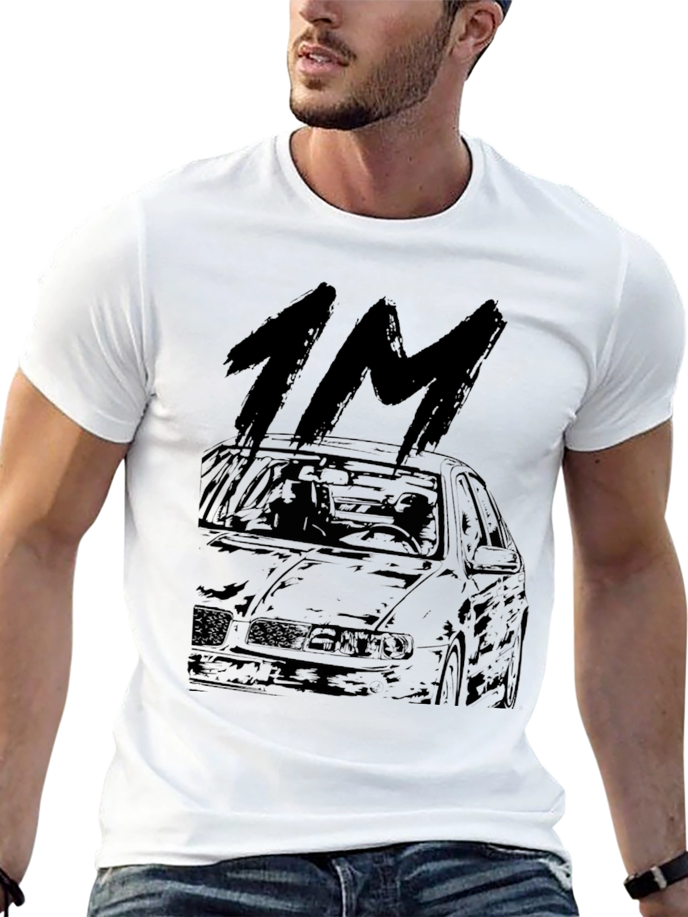 1M Car Graphic Tee - Black Cotton Casual T-Shirt