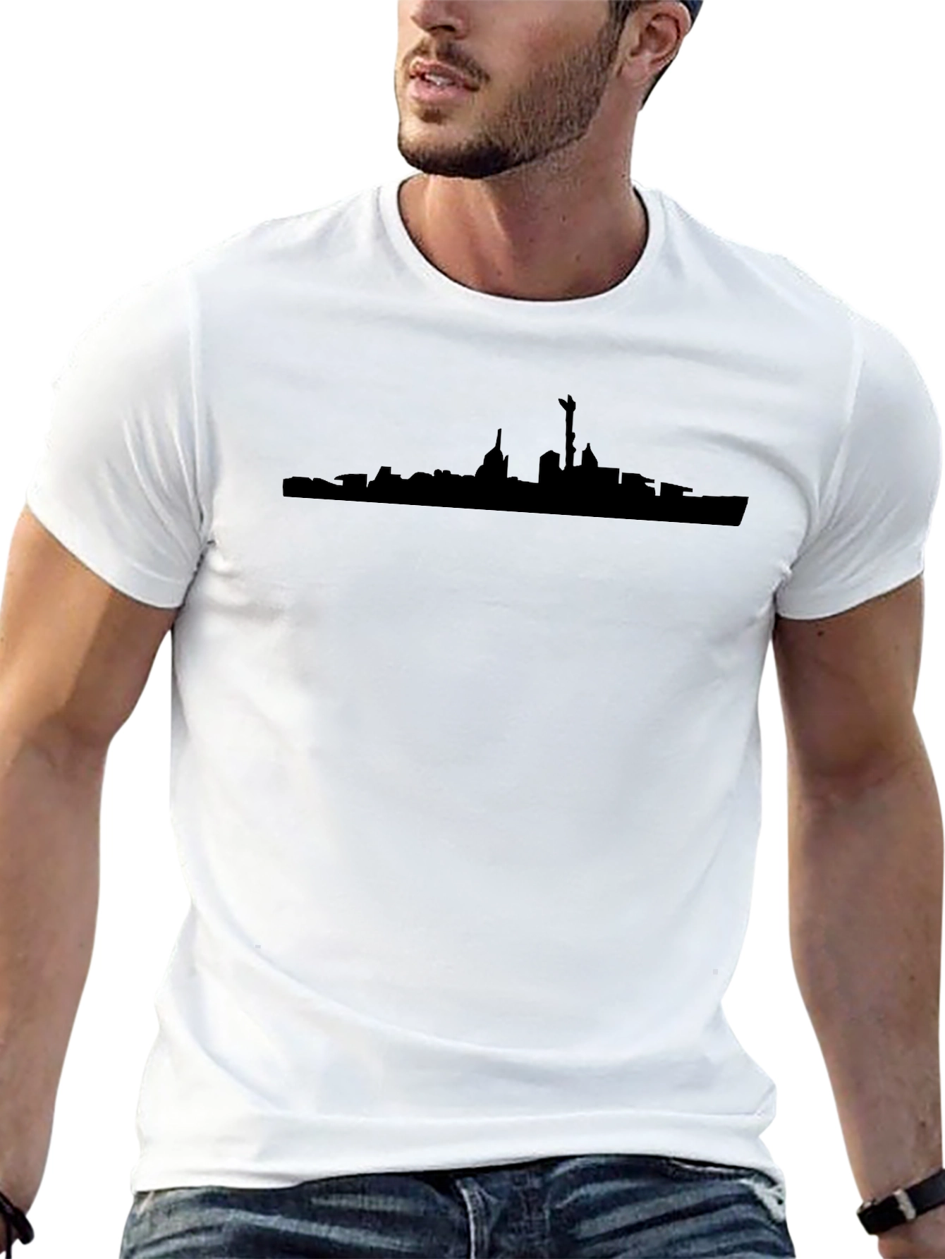 Black T-Shirt with City Skyline Graphic