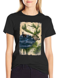 Nature Deer Graphic Print Black T-Shirt