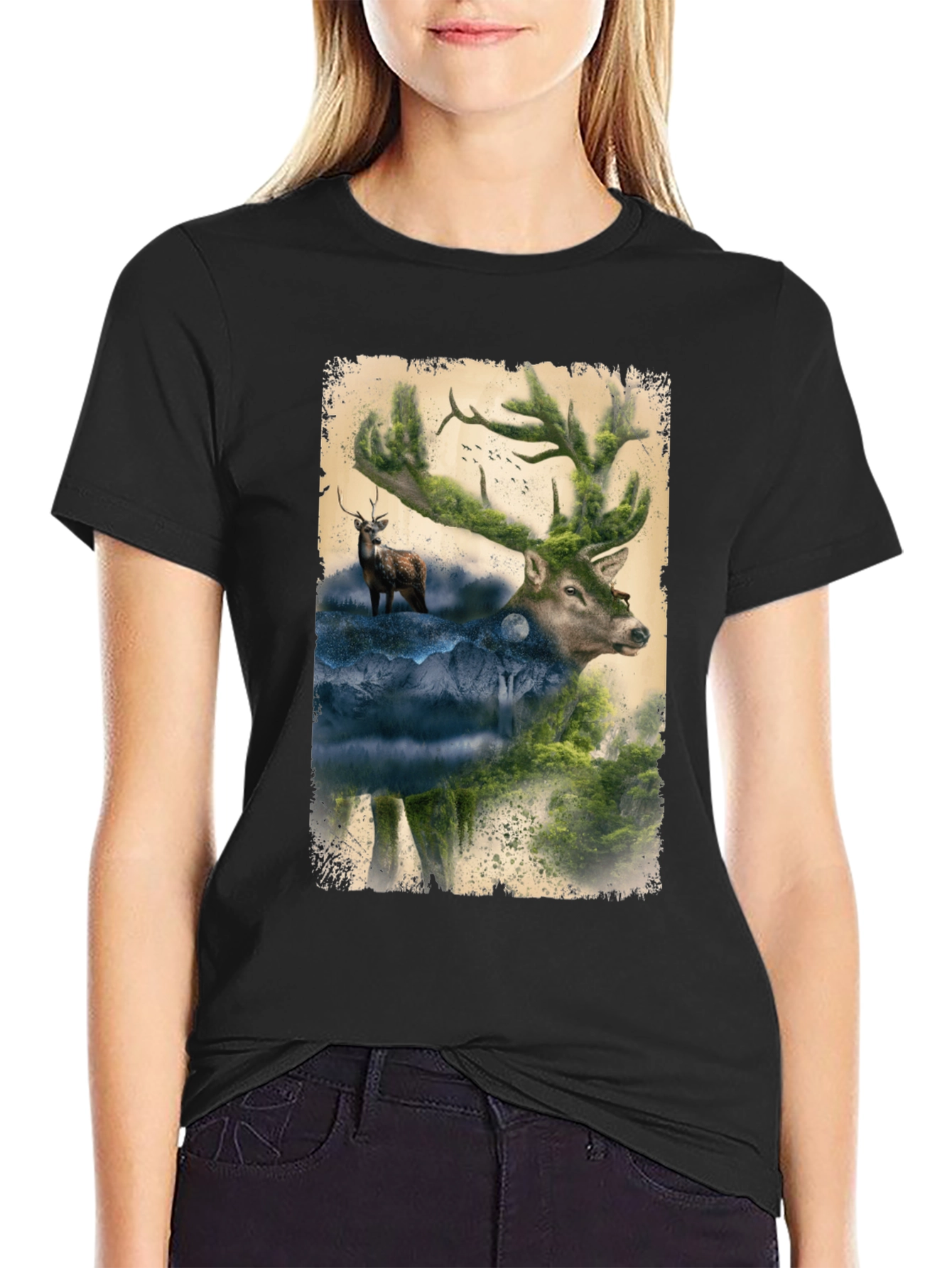 Nature Deer Graphic Print Black T-Shirt