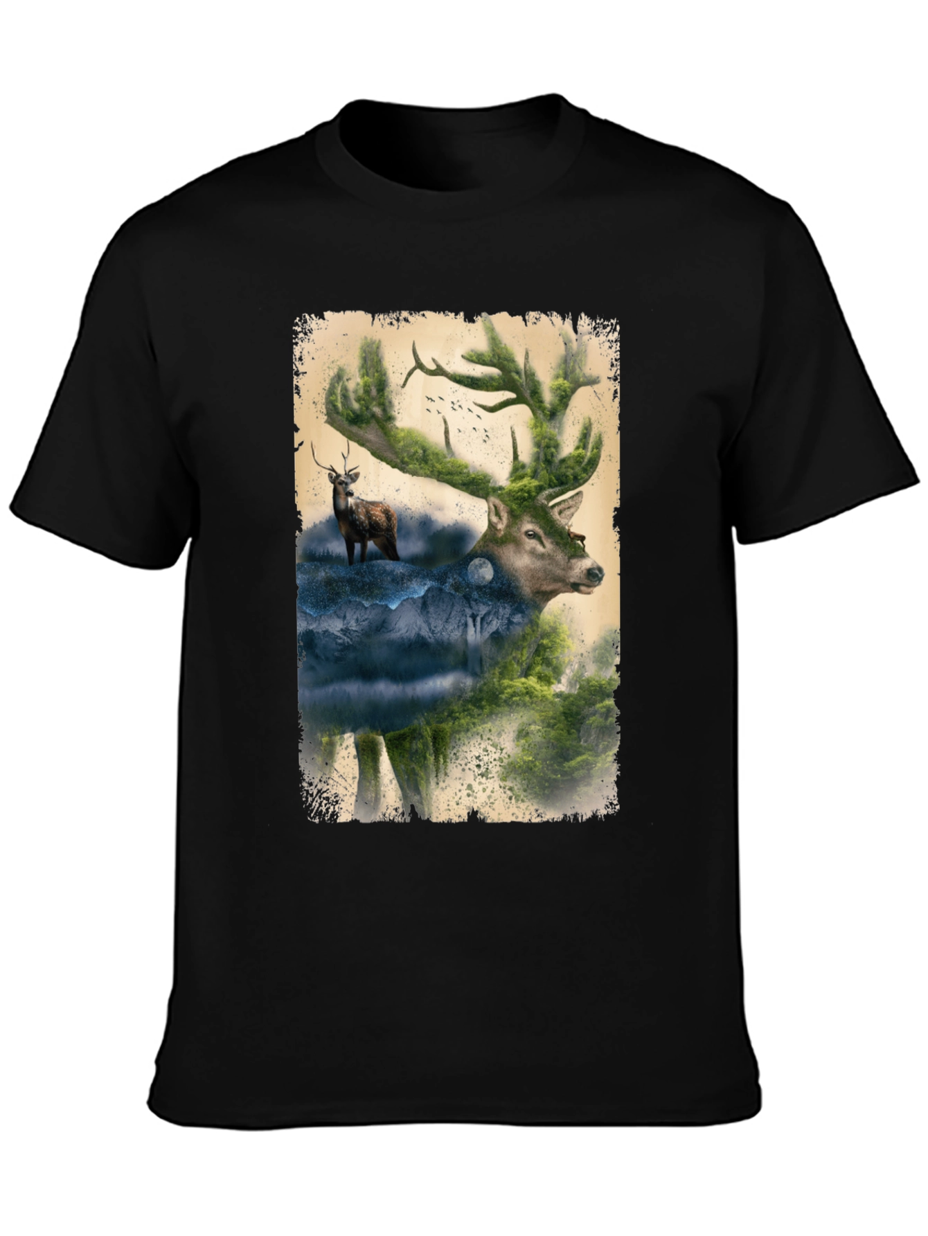 Nature Deer Graphic Print Black T-Shirt