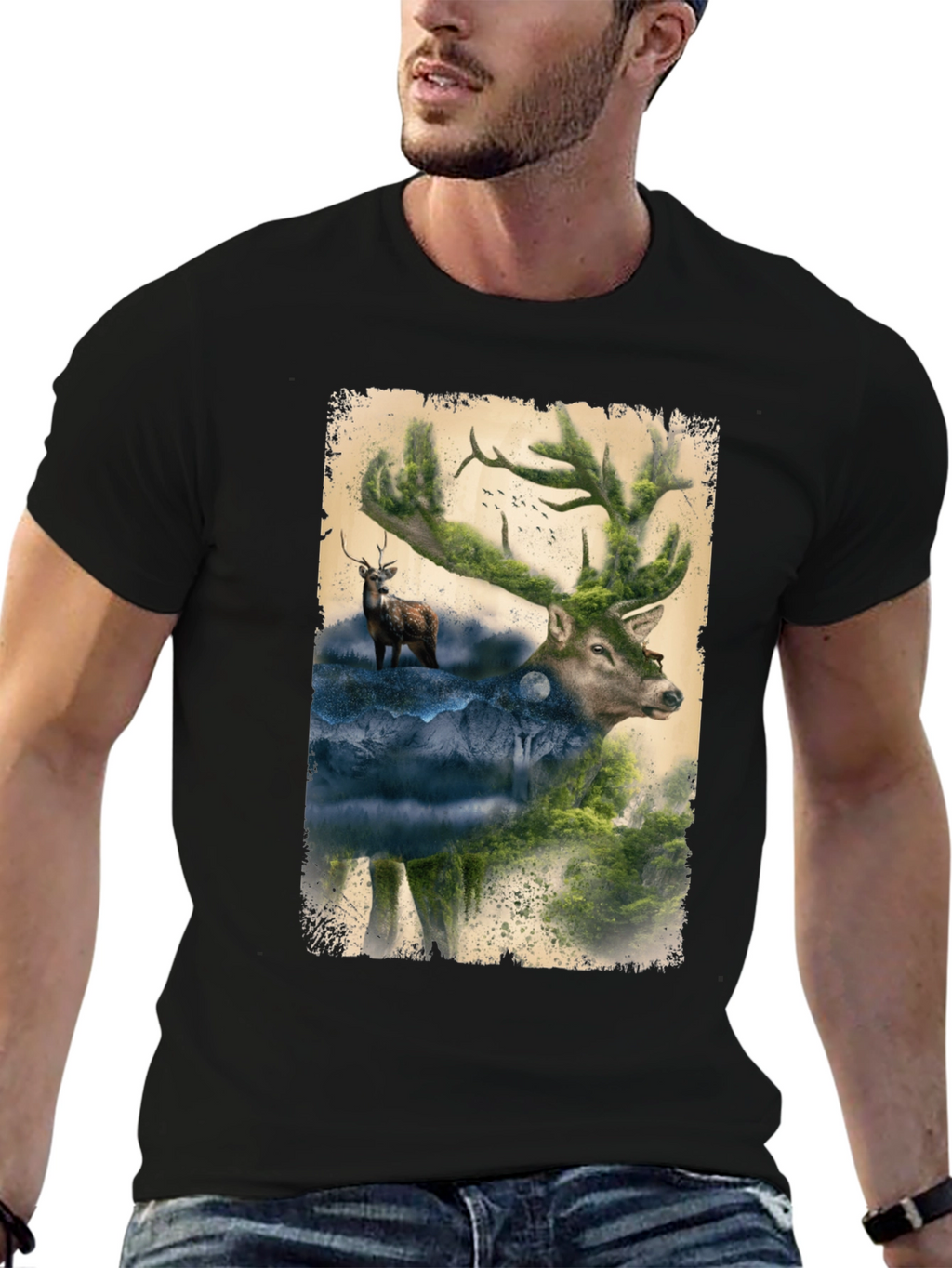 Nature Deer Graphic Print Black T-Shirt