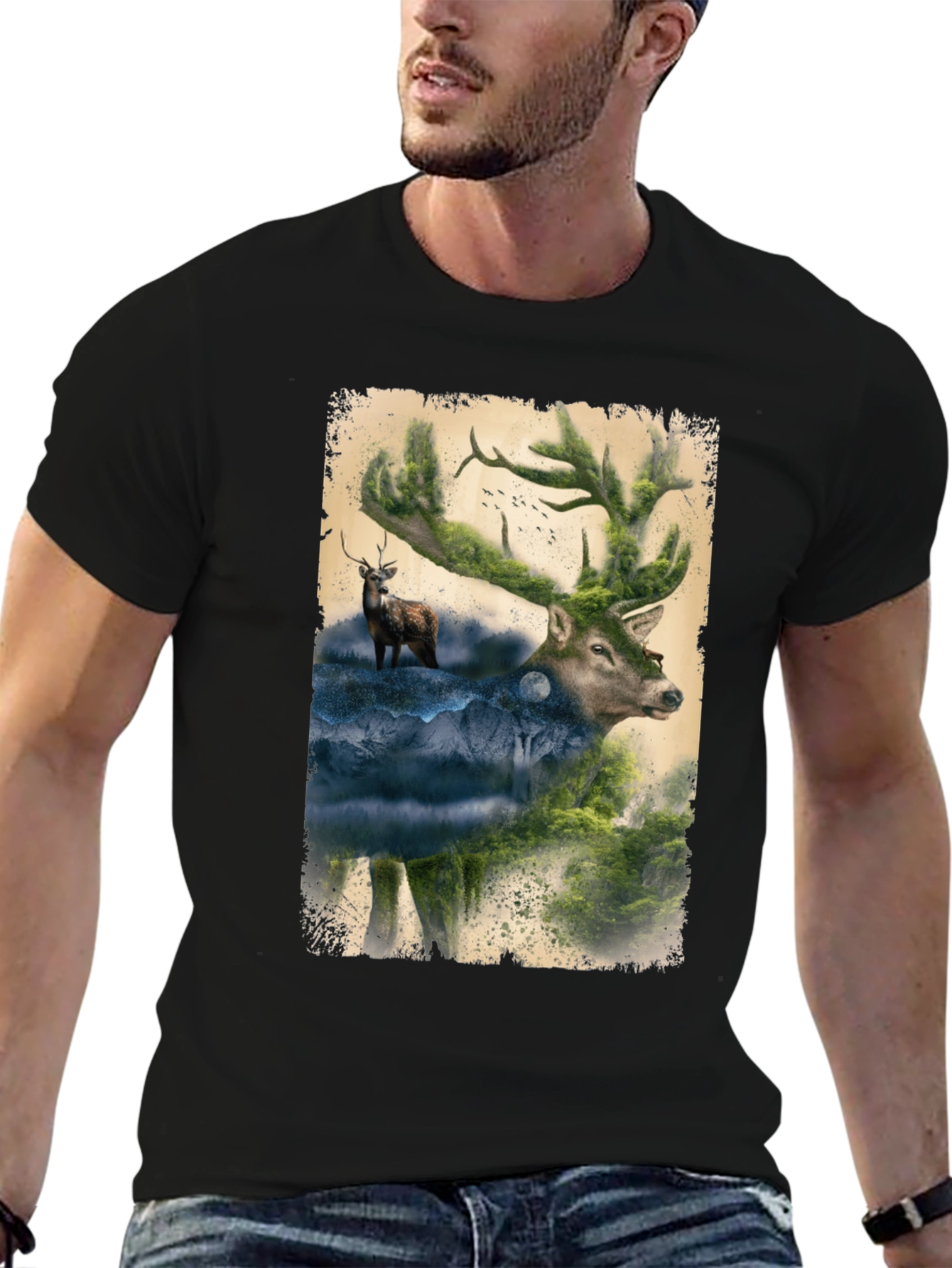 Nature Deer Graphic Print Black T-Shirt