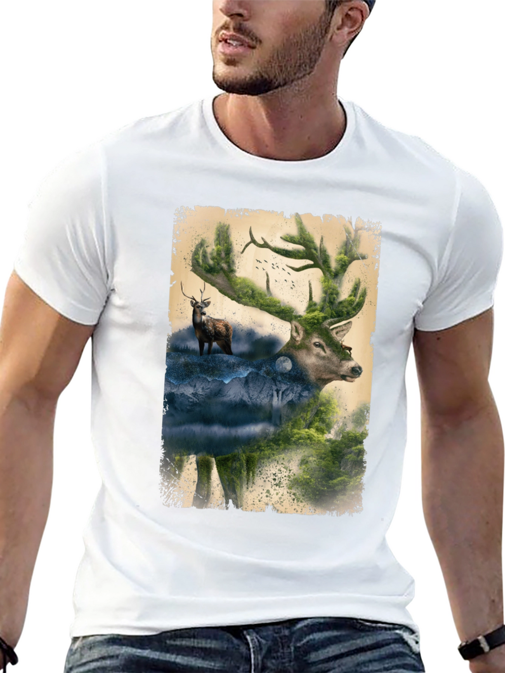 Nature Deer Graphic Print Black T-Shirt