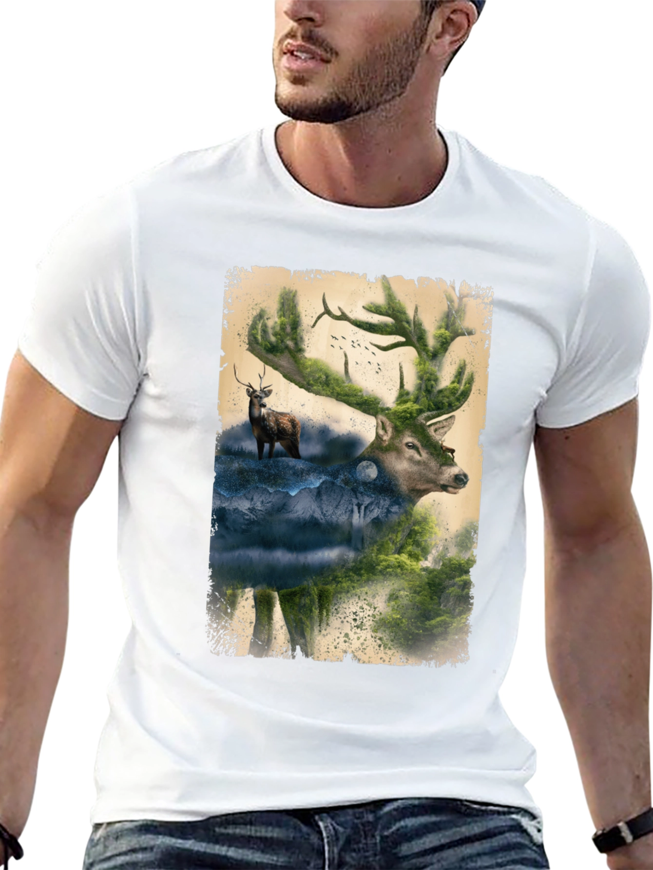 Nature Deer Graphic Print Black T-Shirt