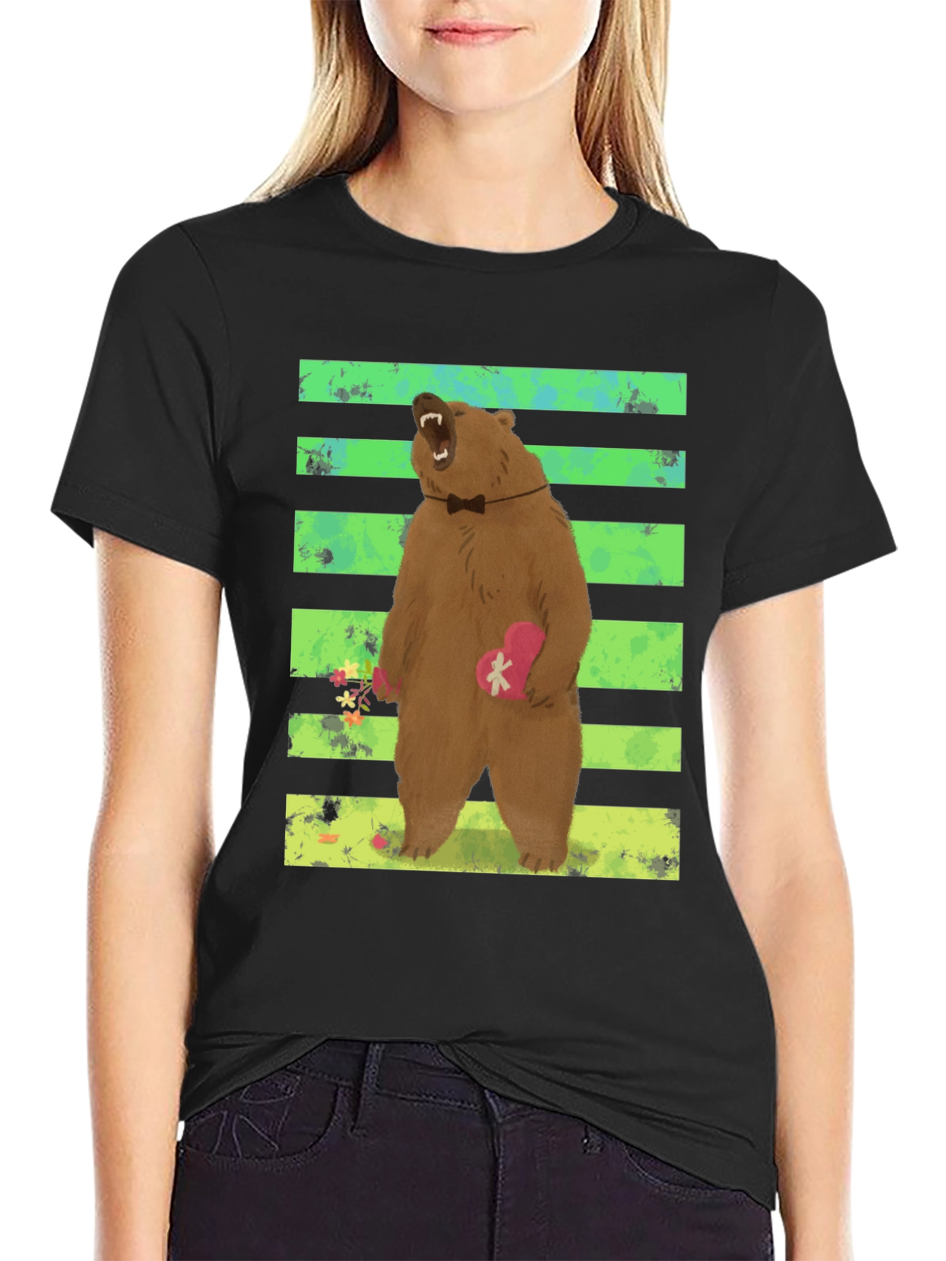 Bear Graphic Tee: Cute Valentines Day Black T-Shirt