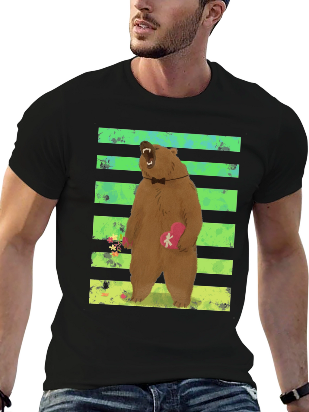Bear Graphic Tee: Cute Valentines Day Black T-Shirt