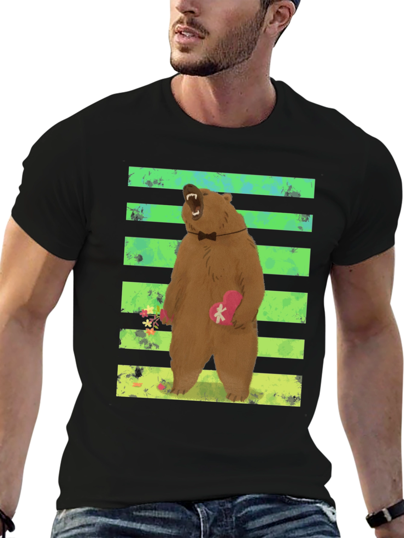 Bear Graphic Tee: Cute Valentines Day Black T-Shirt