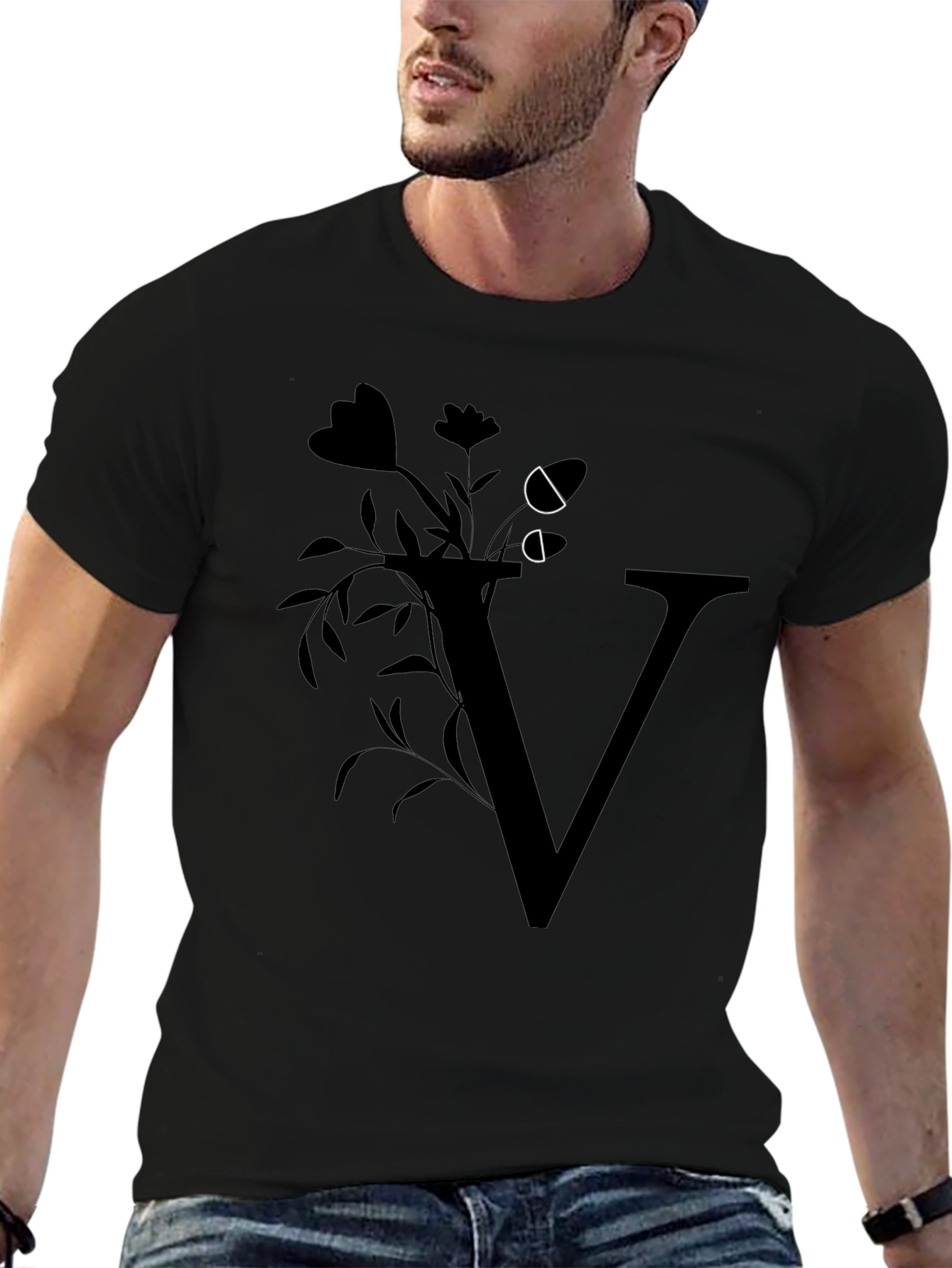 Floral Letter V Black T-Shirt