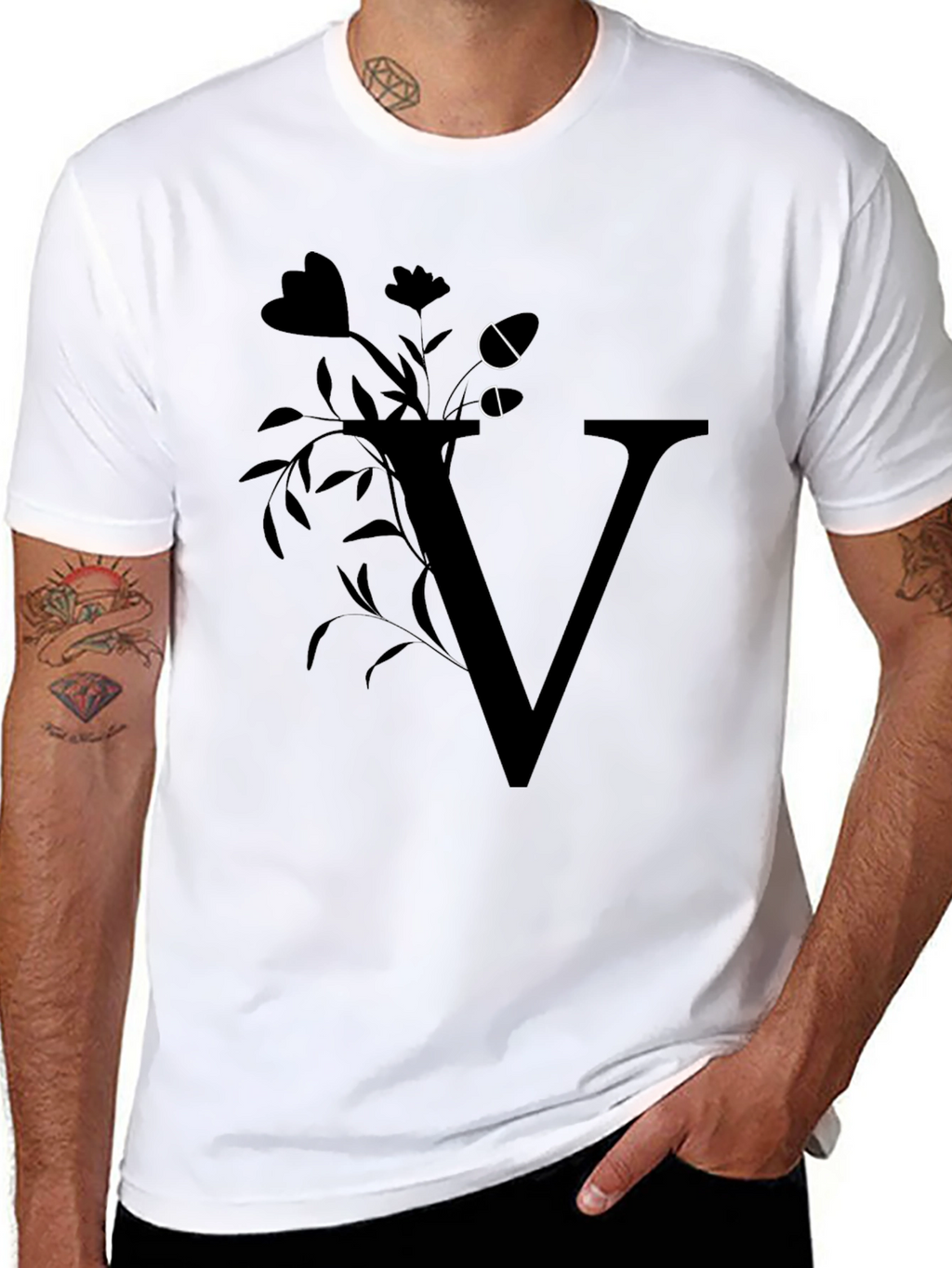 Floral Letter V Black T-Shirt