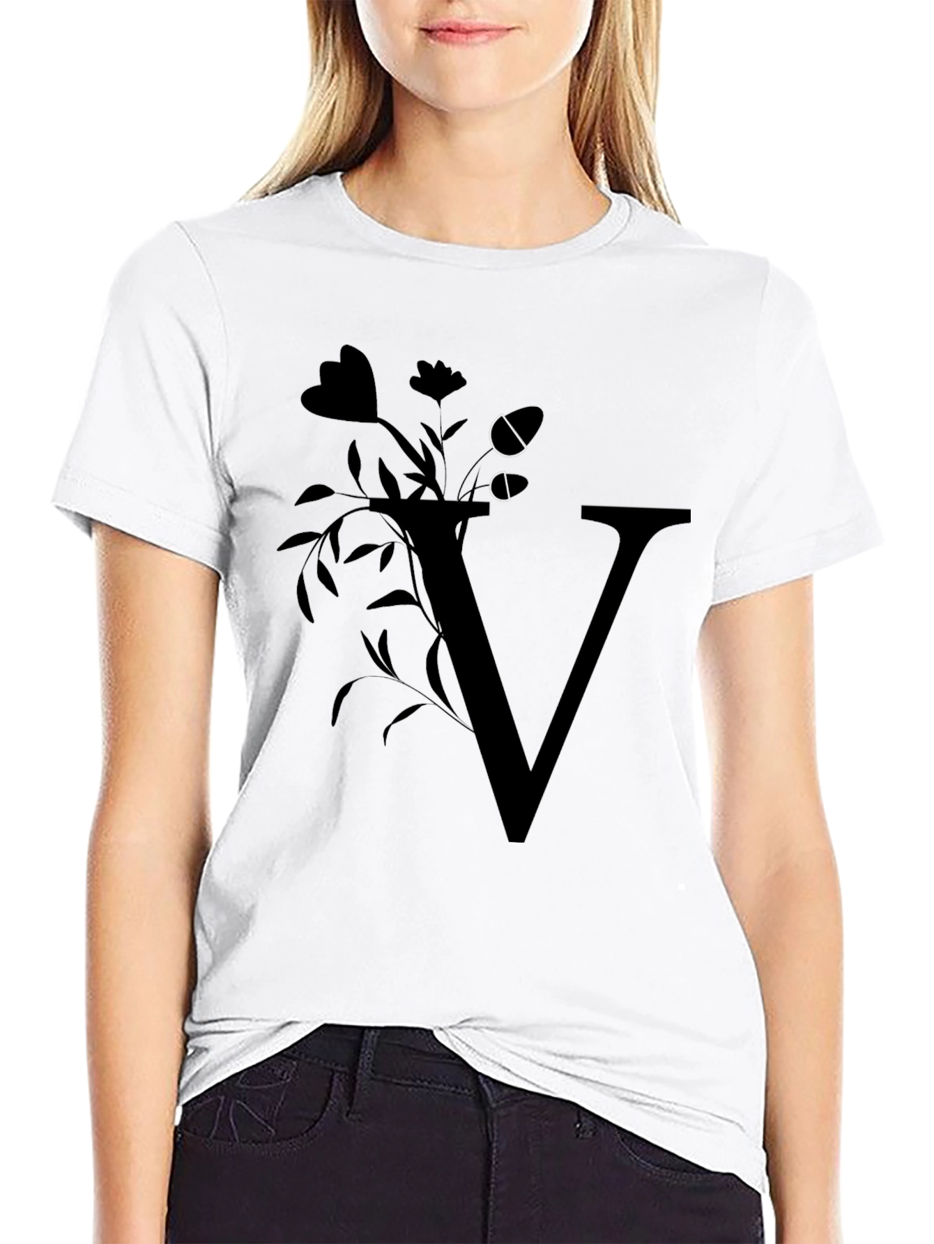 Floral Letter V Black T-Shirt