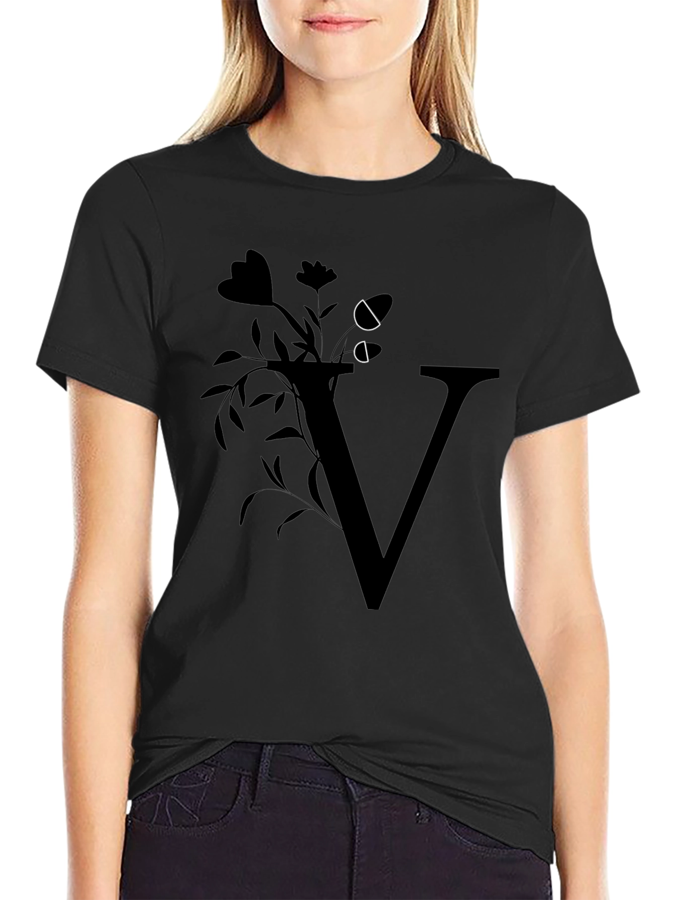 Floral Letter V Black T-Shirt