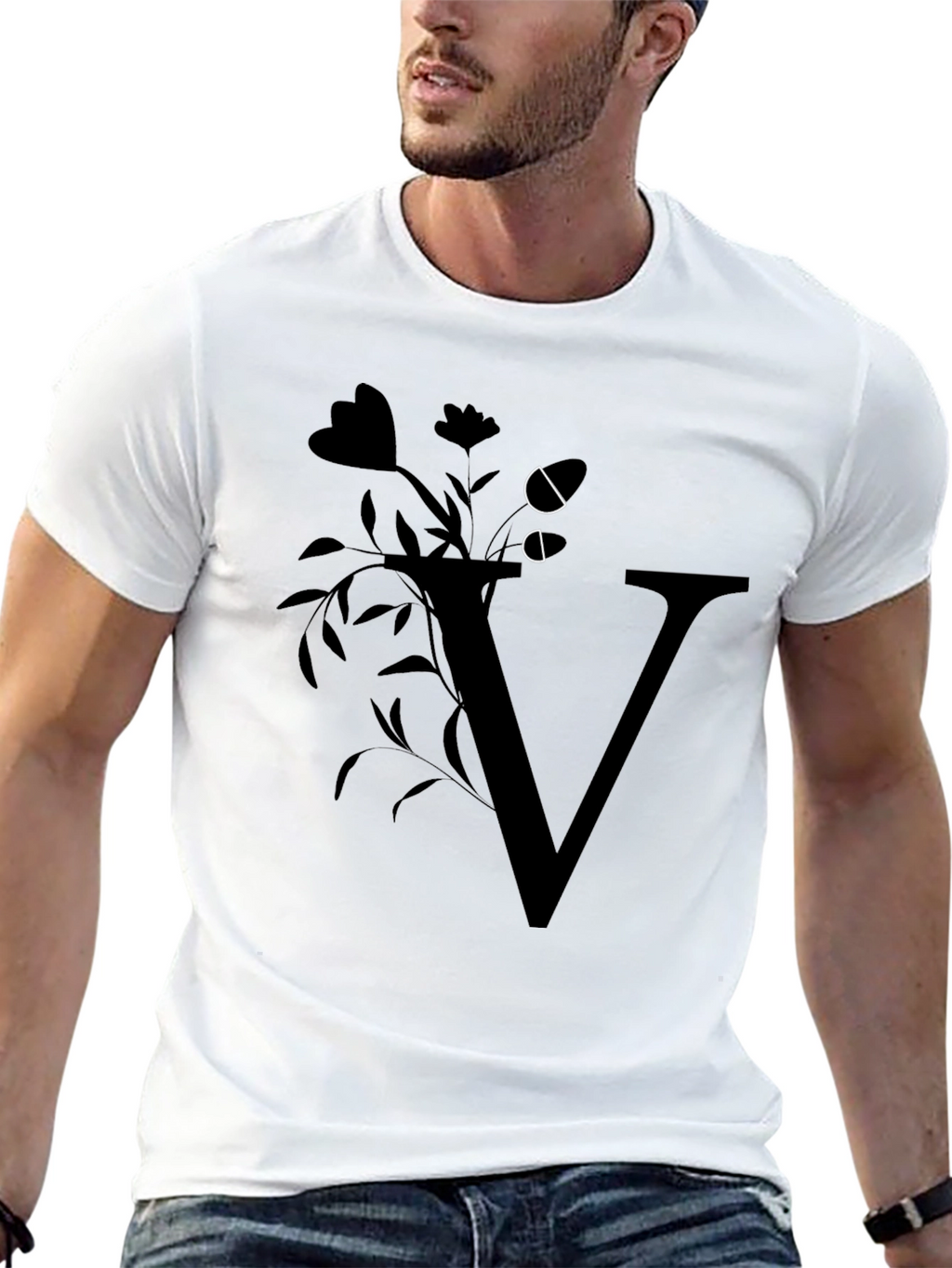 Floral Letter V Black T-Shirt