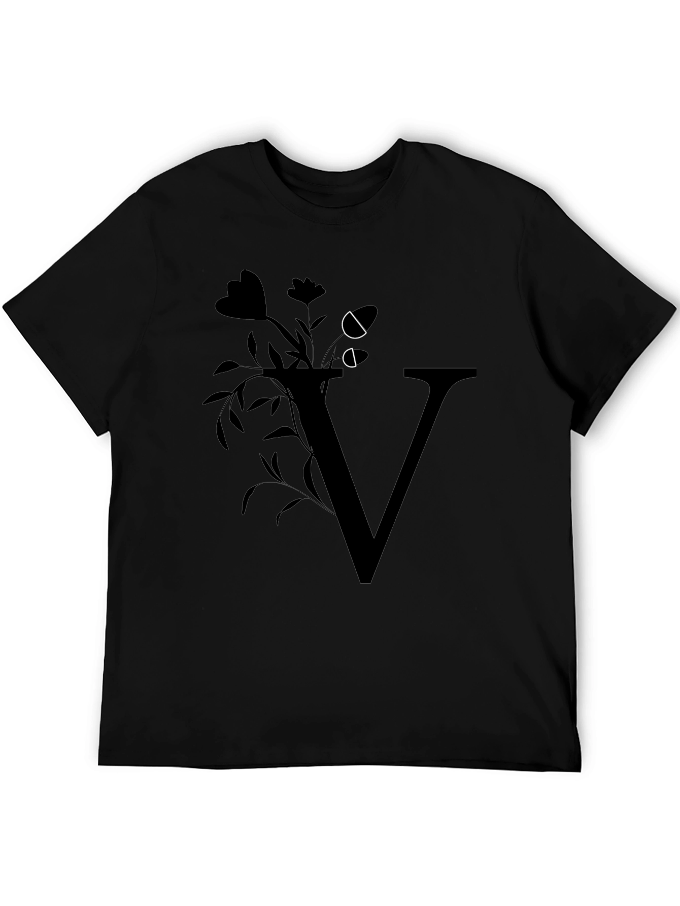 Floral Letter V Black T-Shirt