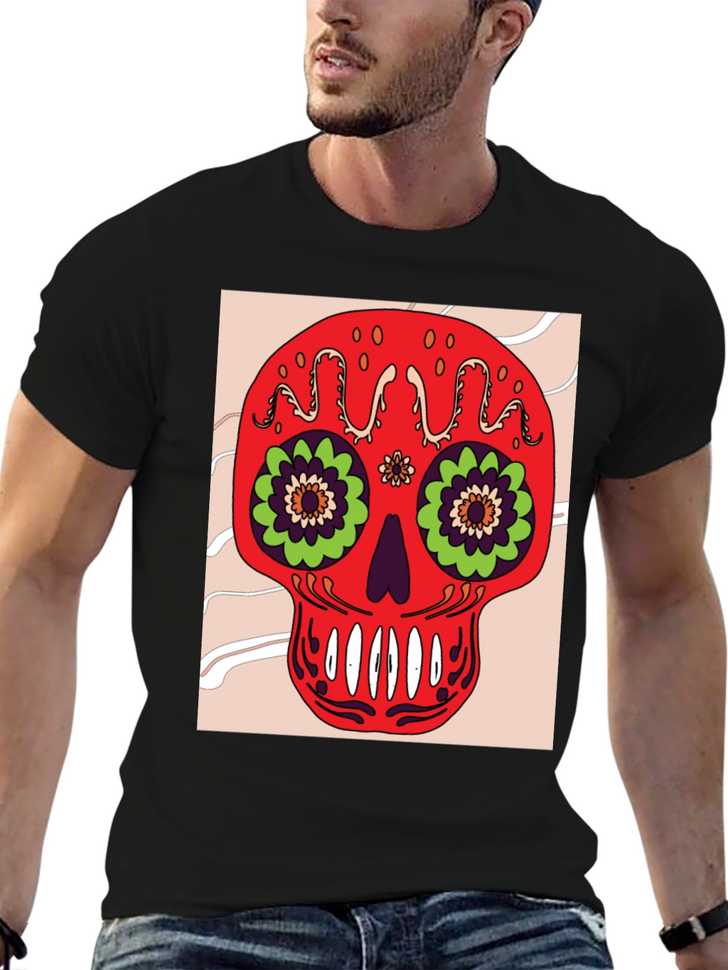 Sugar Skull Graphic Tee - Mens Black Cotton T-Shirt