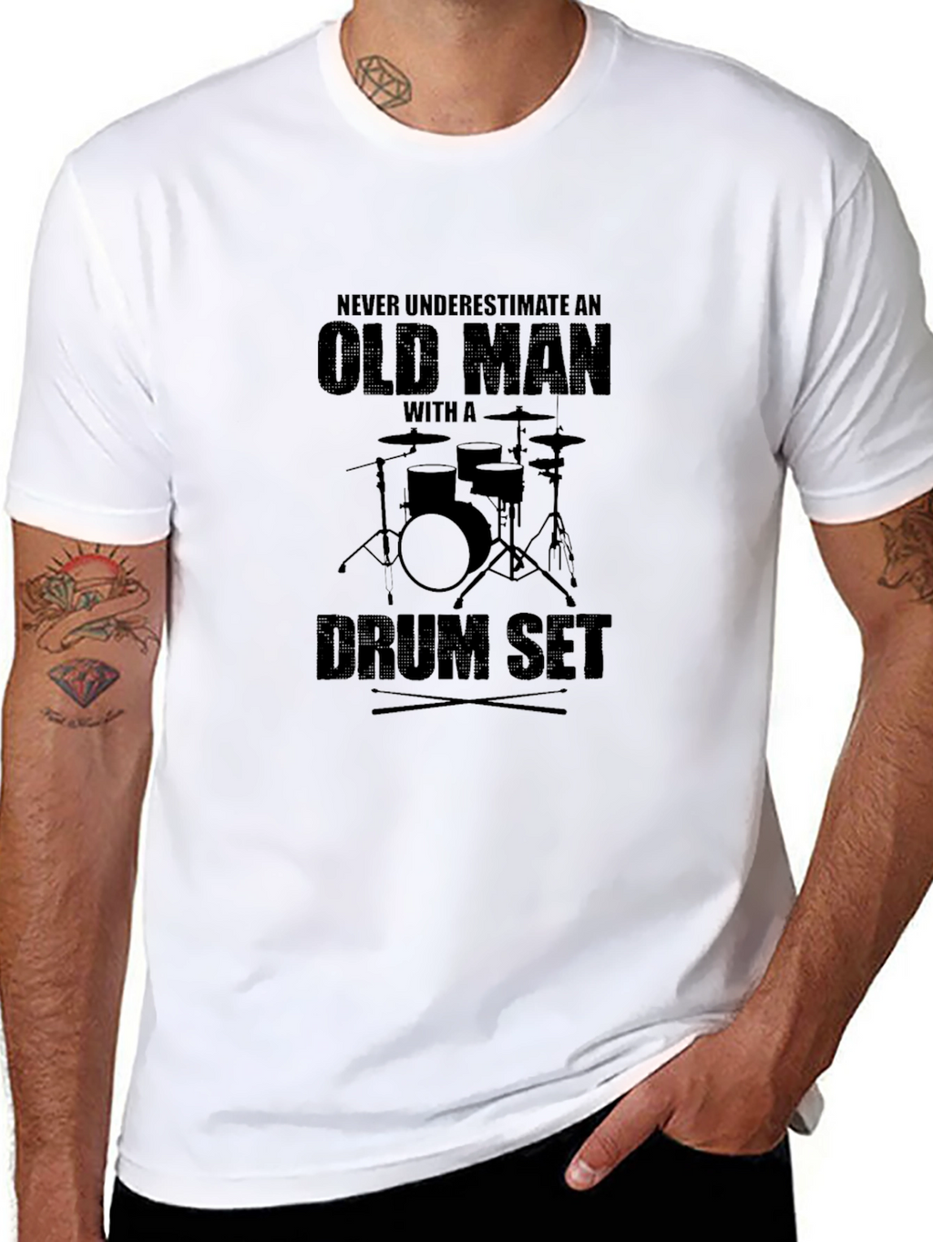 Old Man Drum Set Black T-Shirt