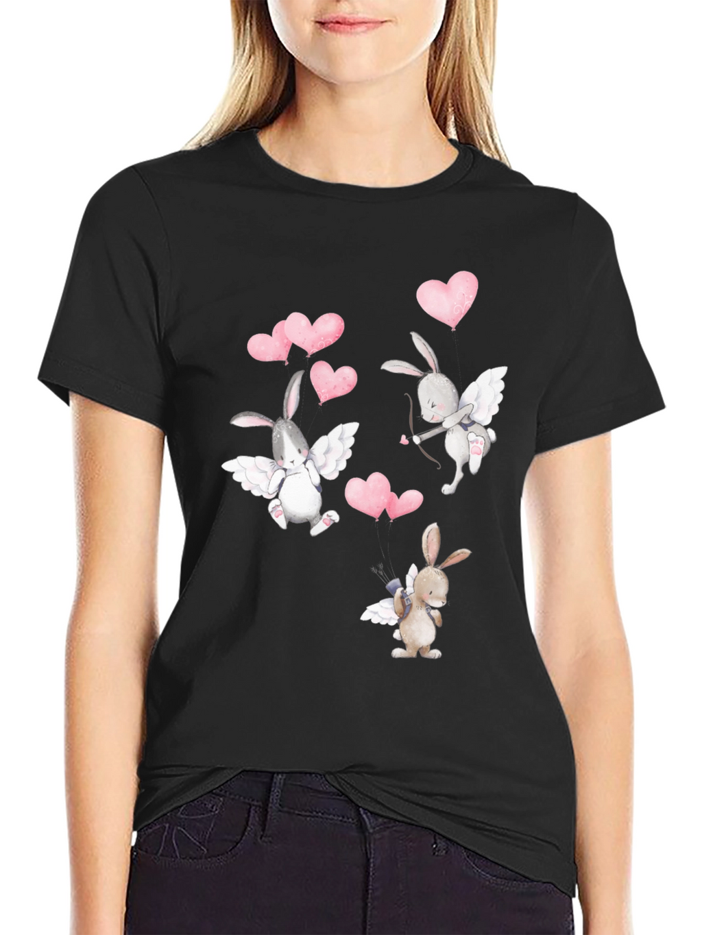 Bunny Cupid Valentines Day Black T-Shirt