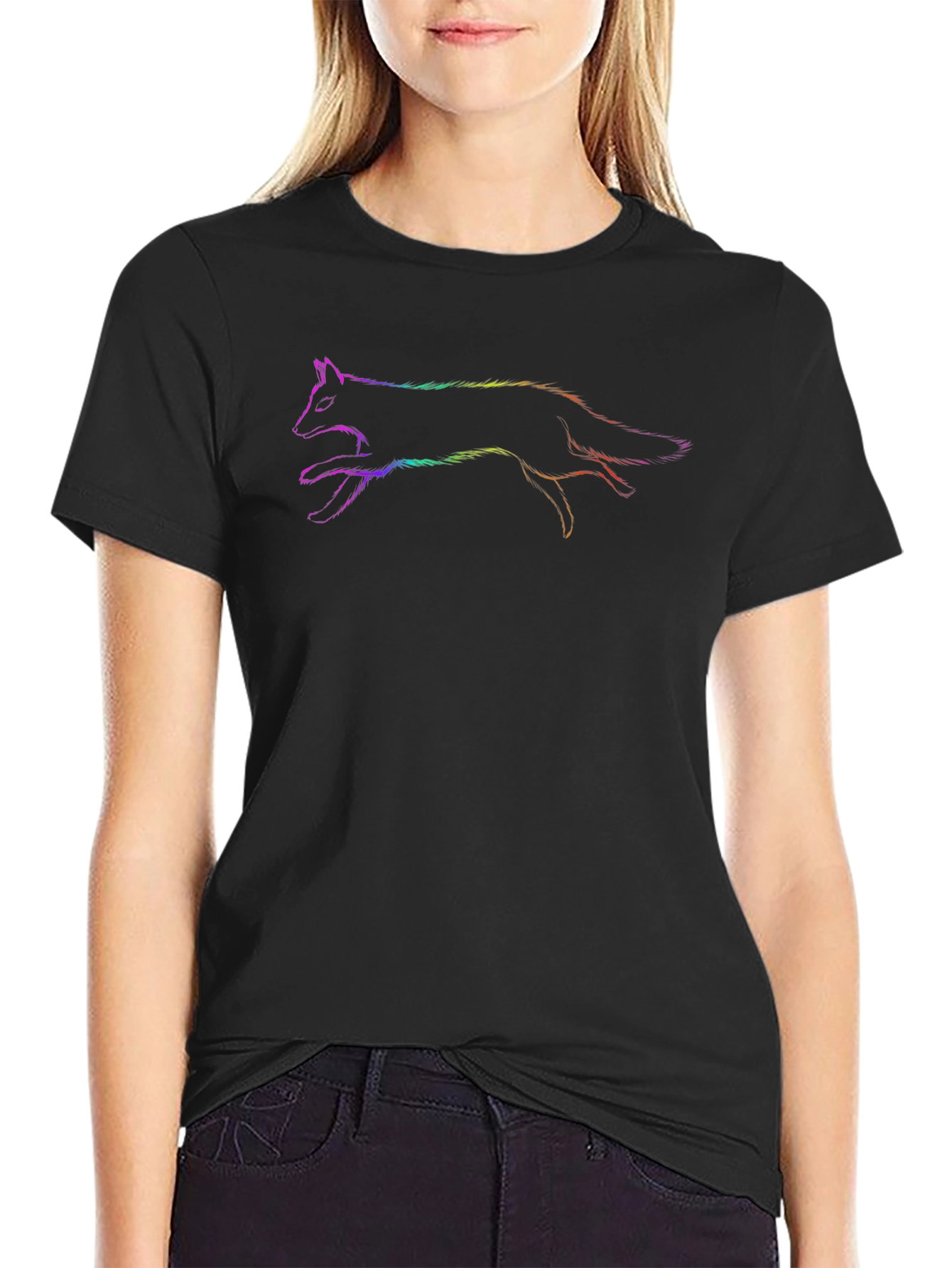 Rainbow Fox Graphic Black T-Shirt