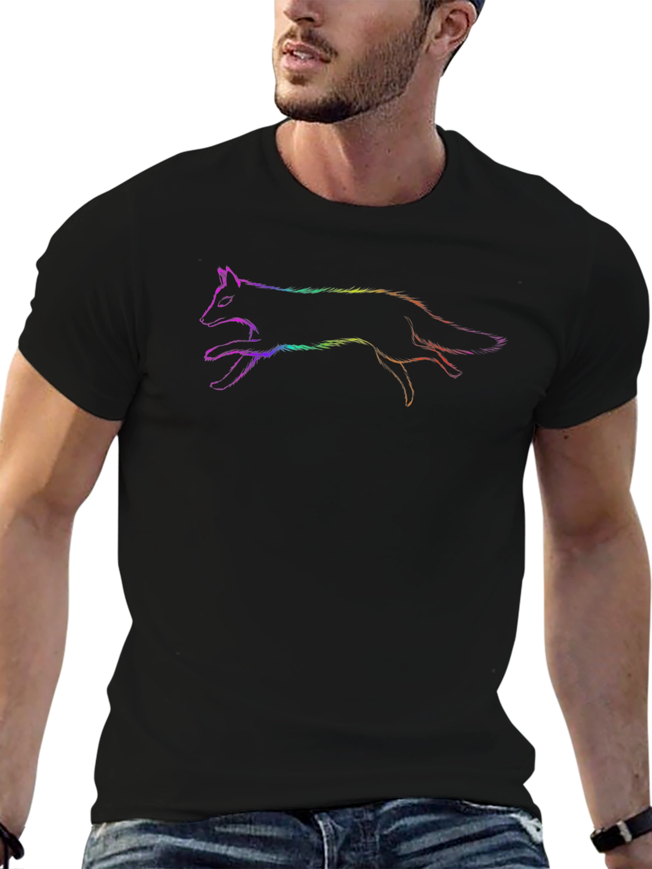 Rainbow Fox Graphic Black T-Shirt