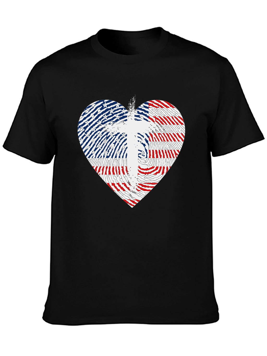 USA Flag Heart & Cross Graphic Black T-Shirt