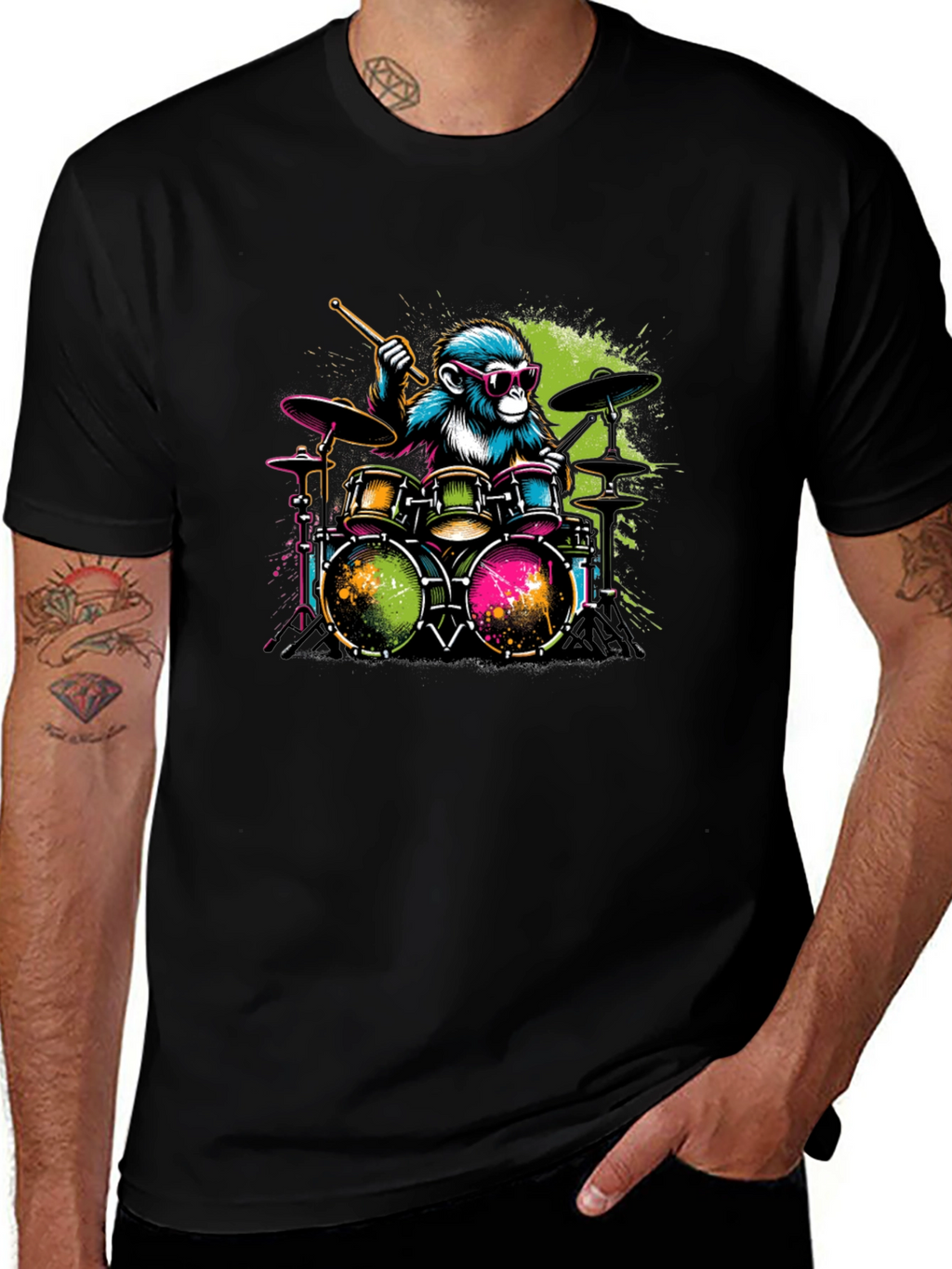 Monkey Drummer Graphic T-Shirt - Cool Animal Band Tee