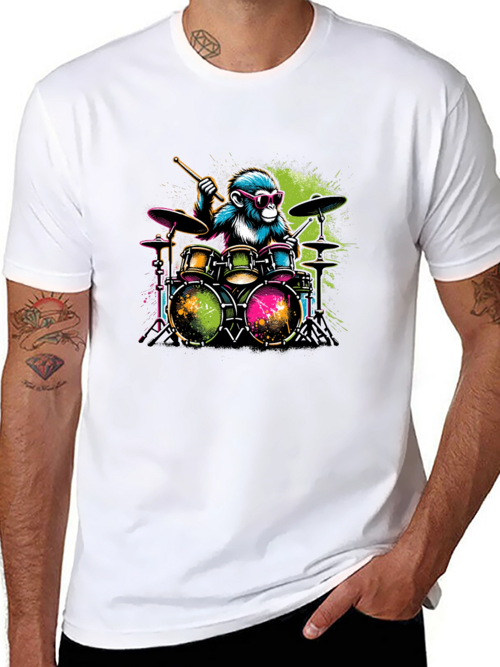 Monkey Drummer Graphic T-Shirt - Cool Animal Band Tee