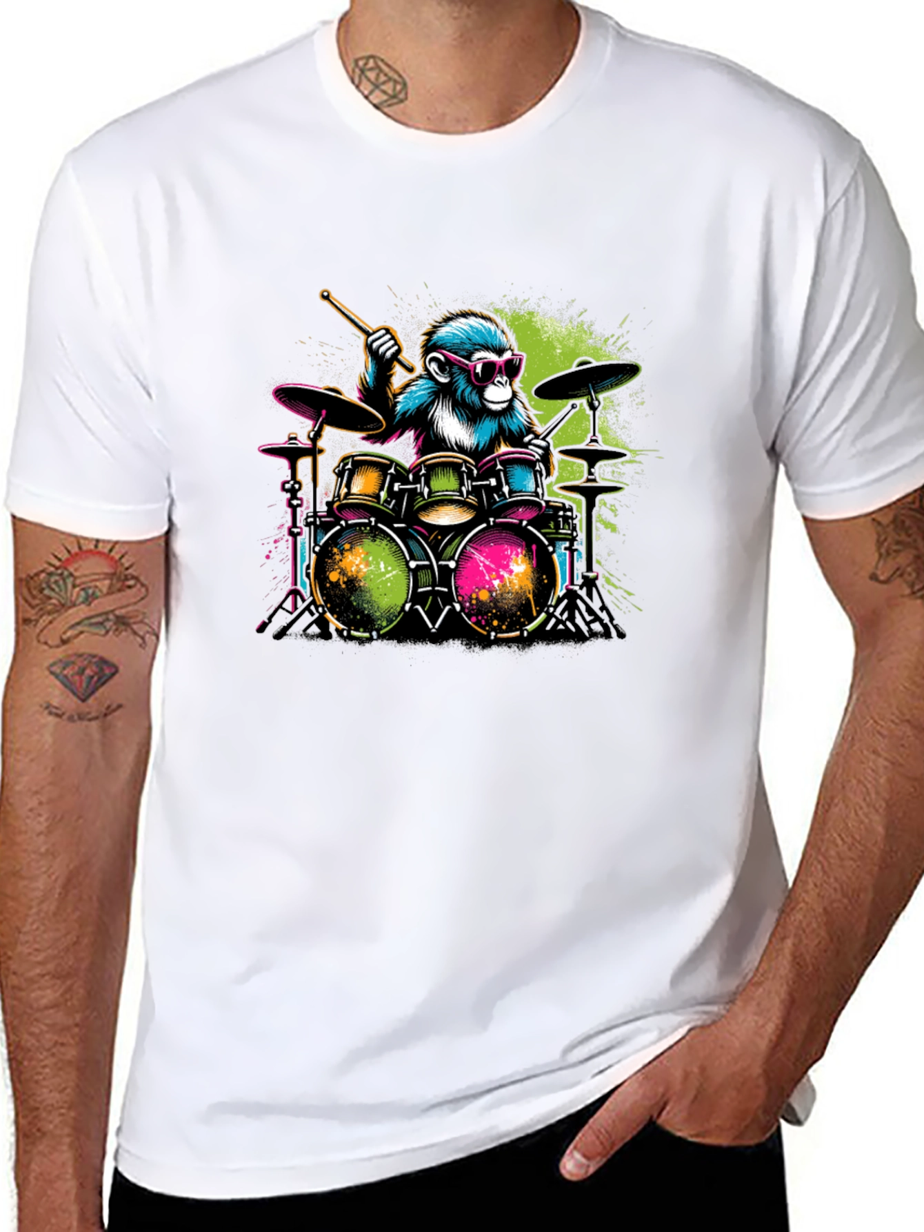 Monkey Drummer Graphic T-Shirt - Cool Animal Band Tee