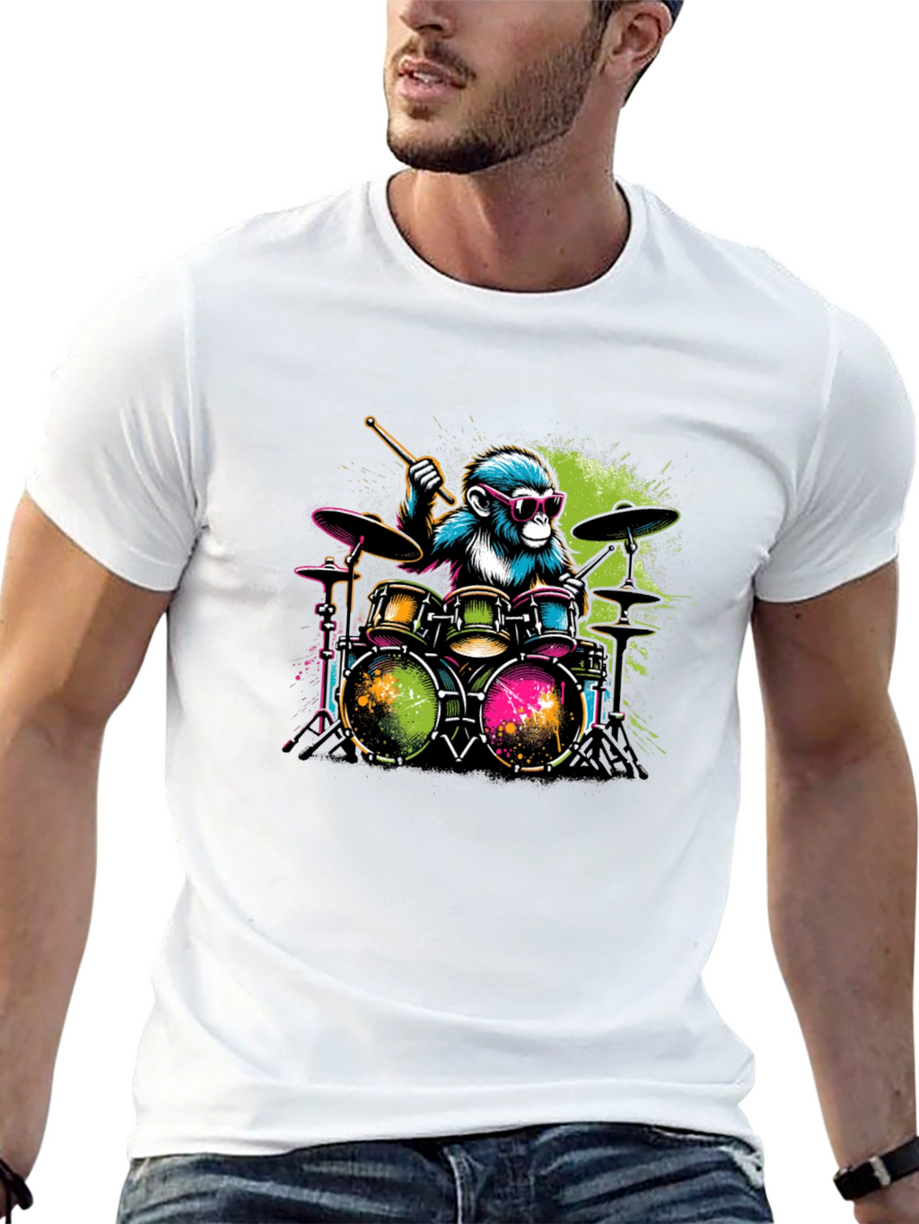 Monkey Drummer Graphic T-Shirt - Cool Animal Band Tee