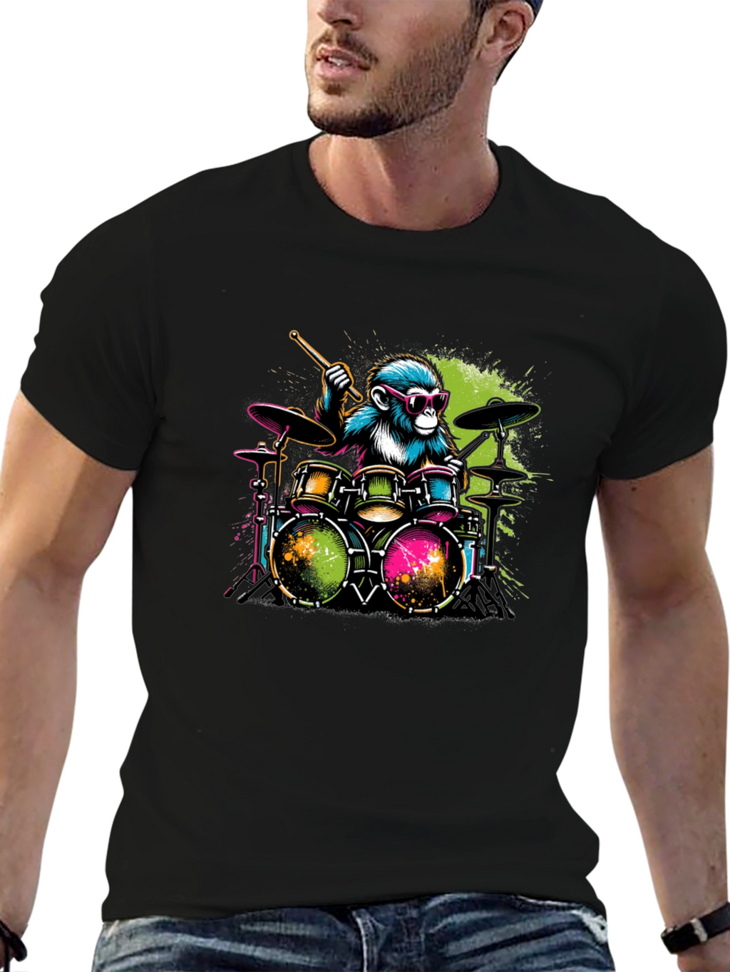 Monkey Drummer Graphic T-Shirt - Cool Animal Band Tee